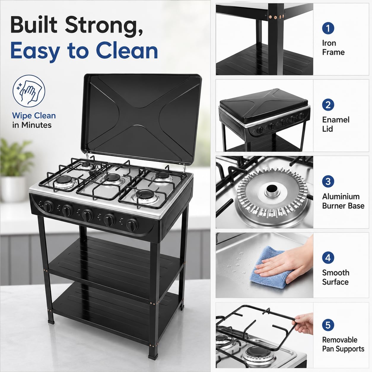 Barbecue a gas a 5 fuochi con coperchio, fornello a gas mobile per esterni, barbecue da campeggio con 2 ripiani e protezione antivento, potente barbecue a gas da tavolo da 12,5 kW, per balcone