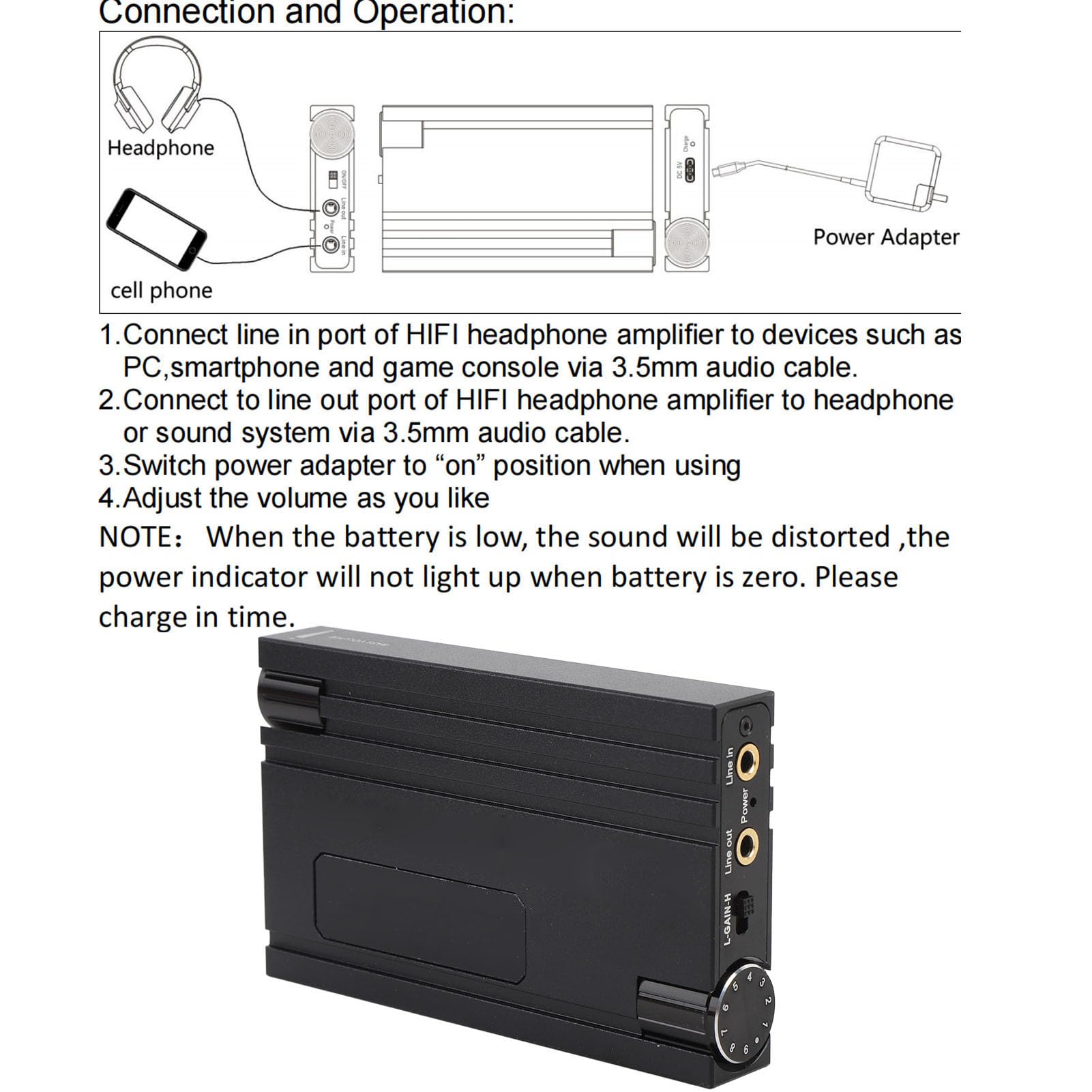ASHATA Amplificatore per Cuffie da 3,5 Mm 16-600 Ohm, Amplificatore Volume per Cuffie, Regolazione del Volume dei Bassi, Amplificatore per Cuffie in Alluminio Hifi per Tablet di