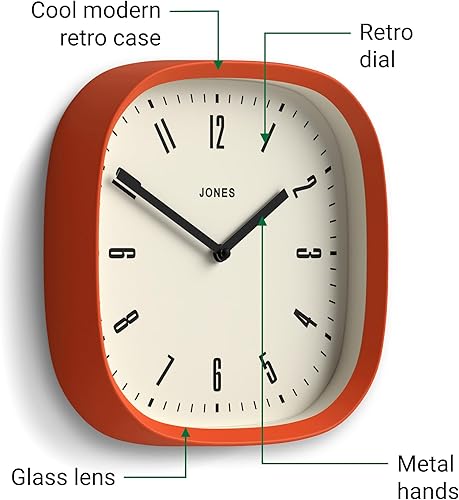 Miniatura 4 de JONES CLOCKS Reloj de pared Marvel  Reloj cuadrado redondo retro moderno  10 pulgadas  naranja  Aspecto de diseñador genial para cocina, sala de