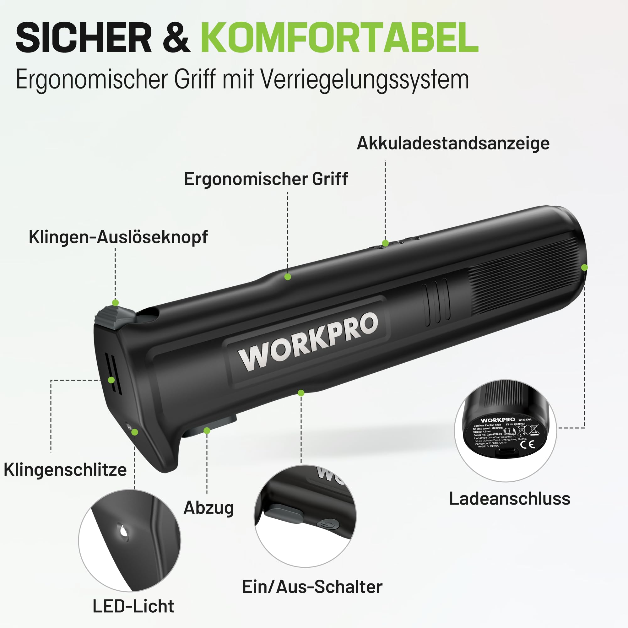 WORKPRO Elektromesser 8V, Kabelloses Küchenmesser mit 2 Edelstahlklingen, 2000 mAh Akku, Schwarz