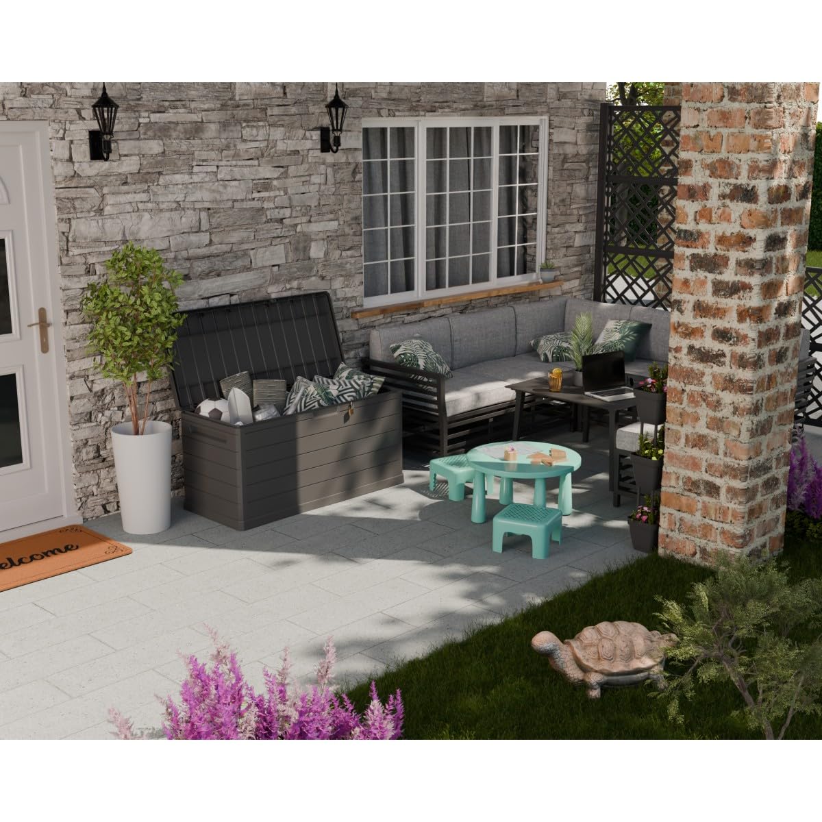 Art Plast - Baule di Stoccaggio Esterno 350L - Baule da Giardino Grigio 118,5x52x57cm - Maniglie di Trasporto - Resistente all'Acqua