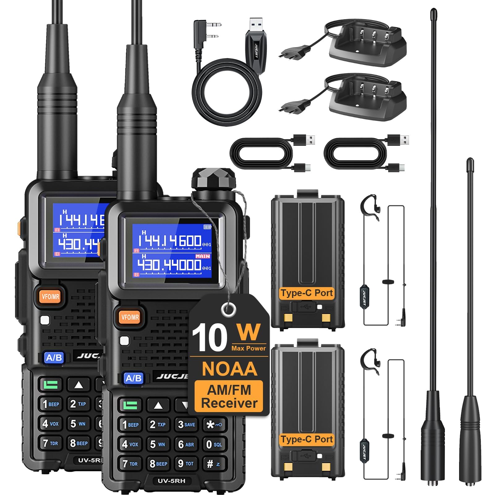 5RH Radios 10W, Ajuste de Frecuencia para Radioaficionados, 2 Uds | Set de Dos Radios, 999 Canales por Radio, Pantallas TFT de 1,77 Pulgadas, Doble Espera, Baterías 2500 mAh, Carga USB-C