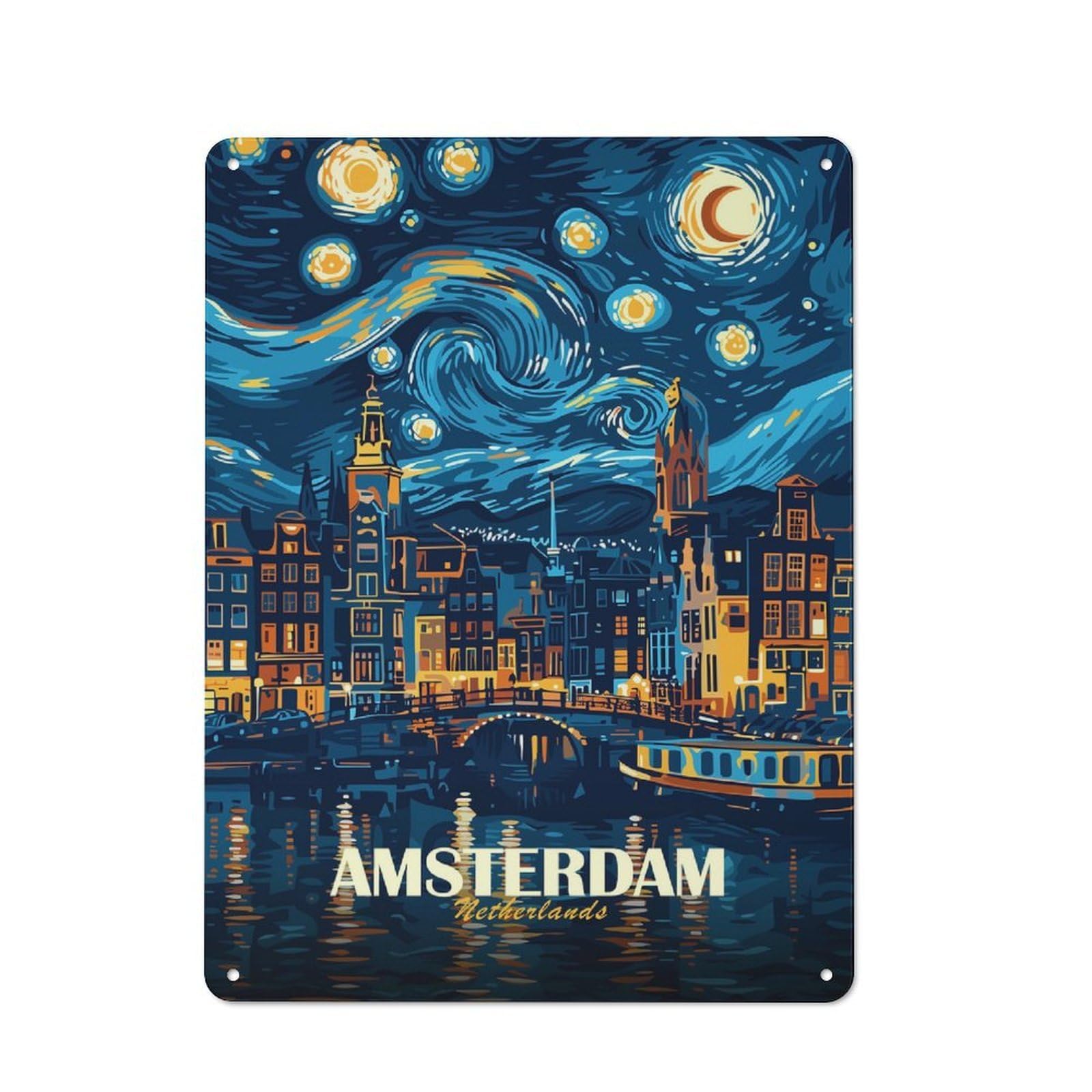 Junmoney Style-7 Amsterdam Netherlands Starry Night Art Everyday Metal Wall Decor 40X30cm, Decorative Tin Plaque For Flat, Dorm Room, Lounge Or Cafe