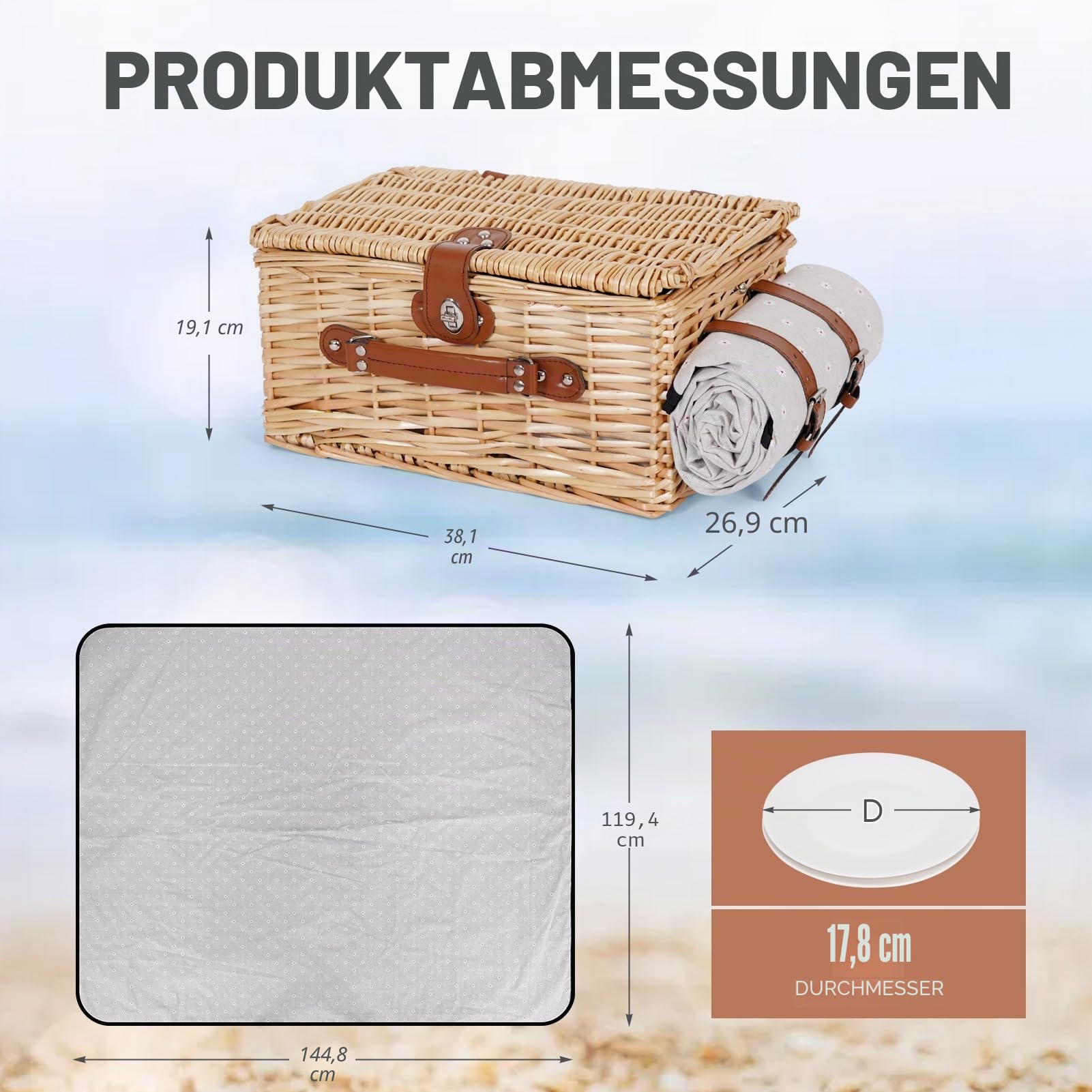 HappyPicnic Picknickkorb-Set für 2 – Weiden-Picknickkorb mit wasserdichter Decke & isoliertem Innenfutter, großer handgefertigter Weidenkorb mit Besteckset für Outdoor, Picknick, Camping, Urlaub