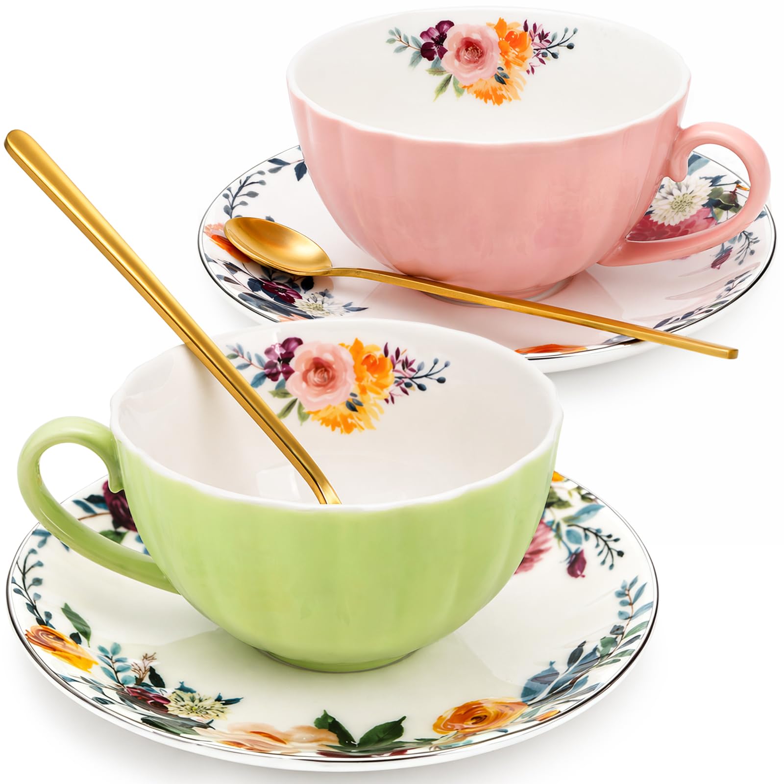 Amazon.com | Lyellfe Set of 2 Tea Cup and Saucers, 8 Oz Floral Tea Cups  with Spoon, Porcelain British Coffee Cups for Party Christmas Birthday  Wedding Gifts: Cup & Saucer Sets