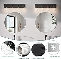 Vista 3 de Bathroom Vanity Light, Square Design 4 Lights Morden Bathroom Lighting Fixtures Over Mirror, Black Bathroom Light Vanity Fixtures for