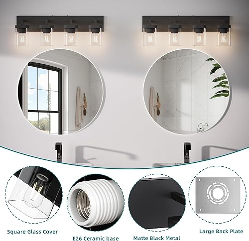 Miniatura 3 de Morden - Lámpara de tocador de baño, diseño cuadrado, 4 luces, accesorios de iluminación de baño sobre el espejo, accesorios de tocador de baño