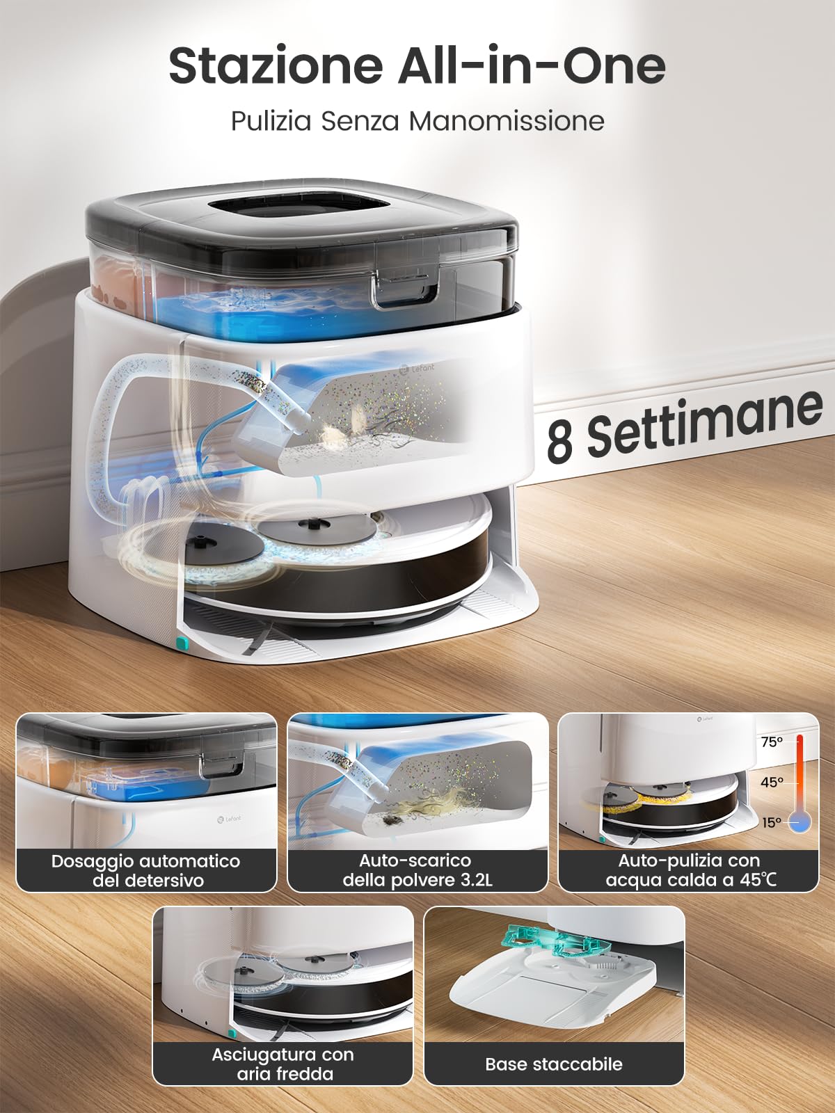 Lefant M3Max Robot Aspirapolvere Lavapavimenti con Mappatura, 20000Pa, Stazione All-in-One, Navigazione dToF, Ostacoli PSD, 3.2L Autosvuotamento, Lavaggio Mop 45°C, Asciugatura, WiFi 2.4G/5G/Alexa/APP