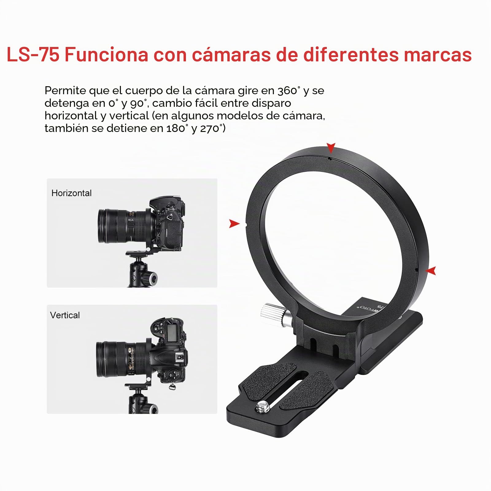 SUNWAYFOTO LS-75 - Manguito giratorio universal de 75 mm para cámaras DLSR, soporte de trípode, anillo de soporte para objetivo, manguito Arca Swiss Plate Mount DSLR Conmutación horizontal vertical