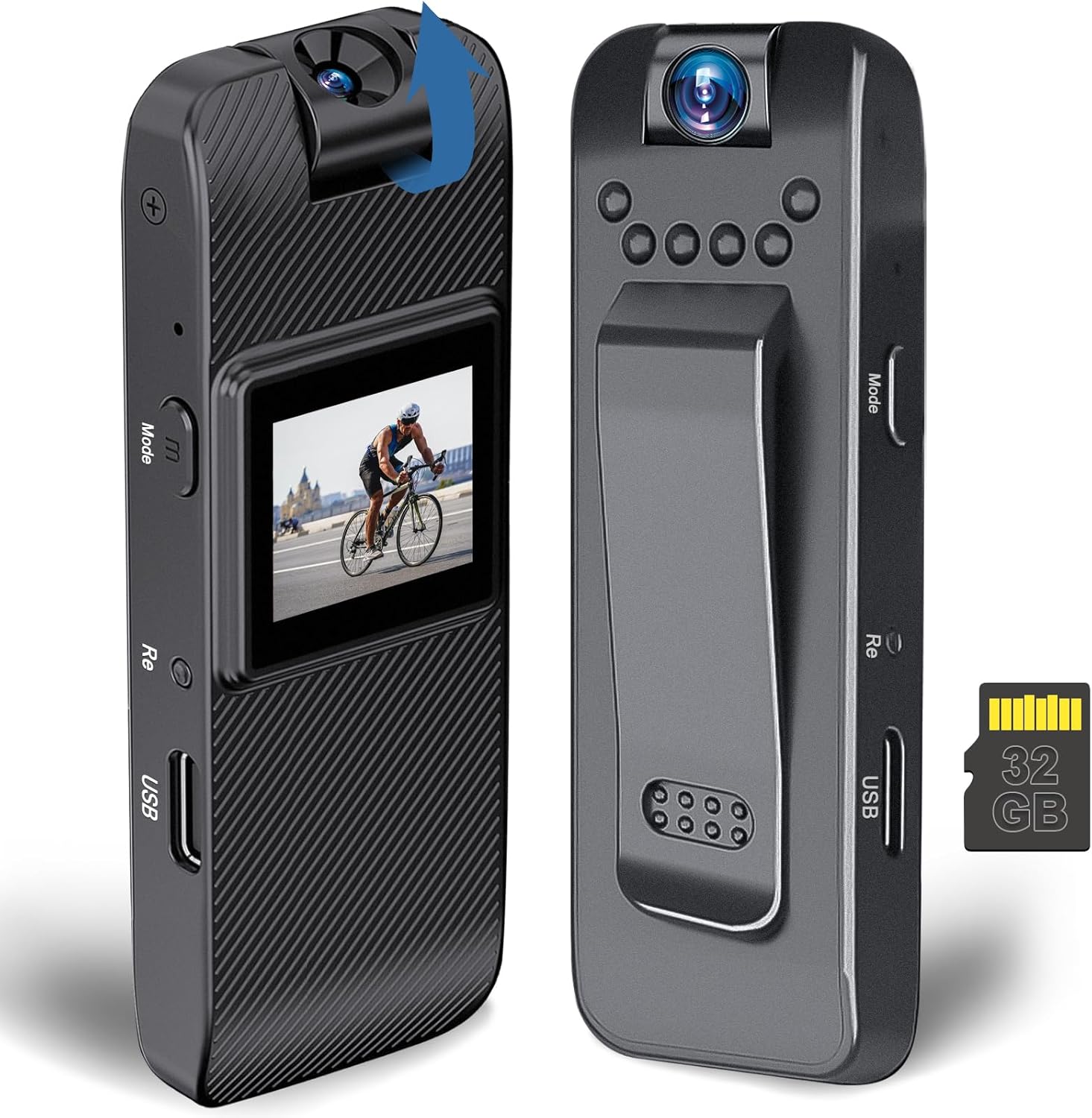 Body Cam, Mini Body Camera Video Recording with Screen, HD 1080P Small Cameras with 180° Rotating Lens Night Vision Motion Detection, Portable Cameras with 32GB SD Card for Vlogging, Law Enforcement