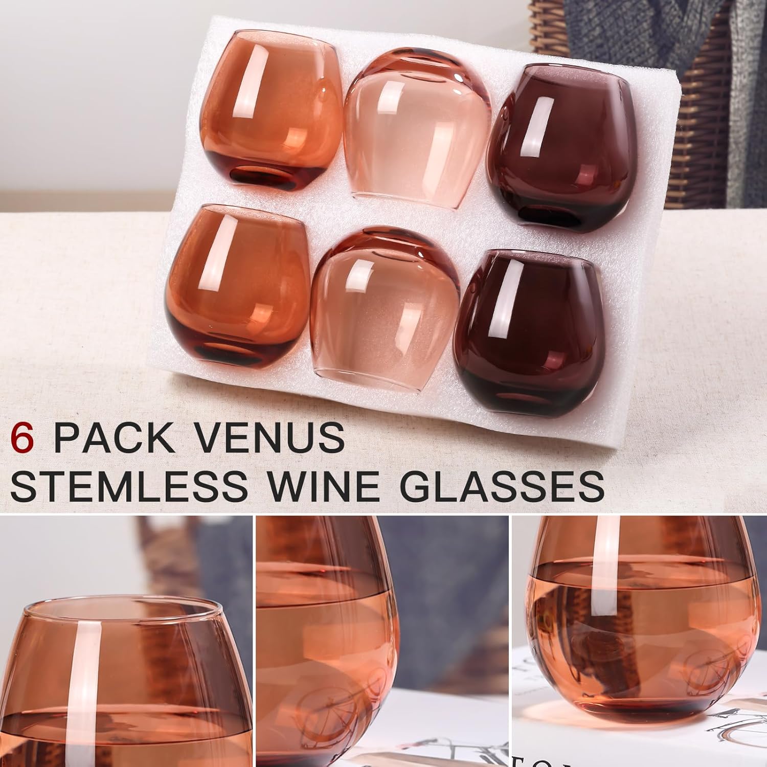 Venus Stemless Wine Glasses Set of 6-15 oz -Modern Hand-Blown Wine Glasses, European Design Crystal Glass For Red & White Wine, Unique Gifts for Wedding, Birthday (Venus)