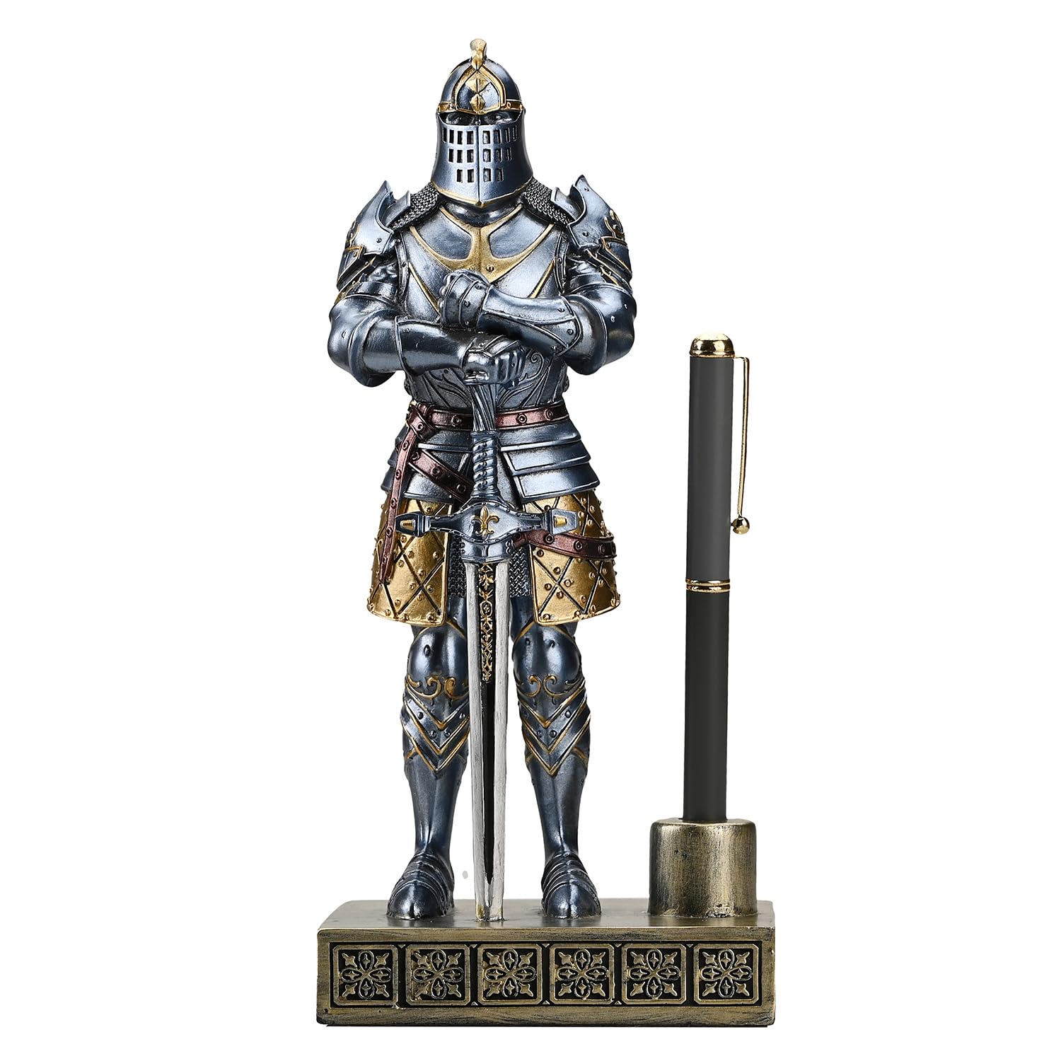 HDMbigmi Knight Pen Stand (Blue, 9.45 Inches) - Exquisite Medieval Knight Desk Organizer and Top Collectible for Men