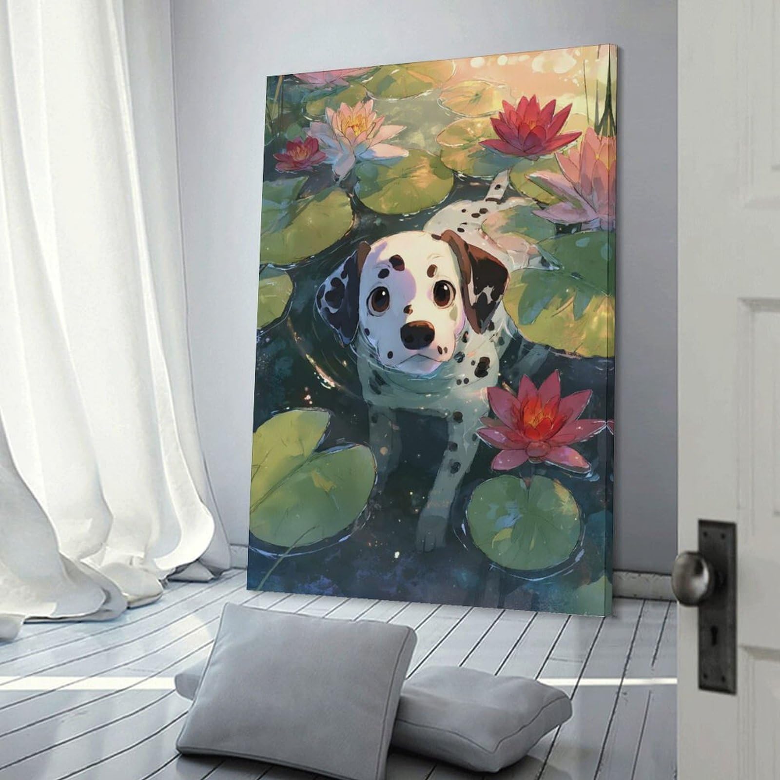 Junmoney Dalmatian Puppy in A Lily Pond Canvas Wall Picture 20x30inch(50x75cm), for Entryway, Lounge Links Or Small Walls, Decorative Canvas Styling for Entry Areas