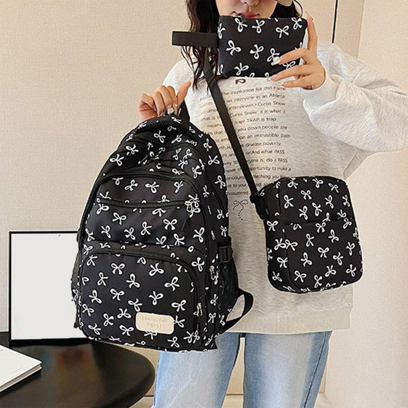 Rucksack-Set mit Schleife für Mädchen, Damenrucksack, adrette Schultasche, rosa Schultasche, 3-teiliges Rucksack-Set mit Schleife für Damen, für Grundschule