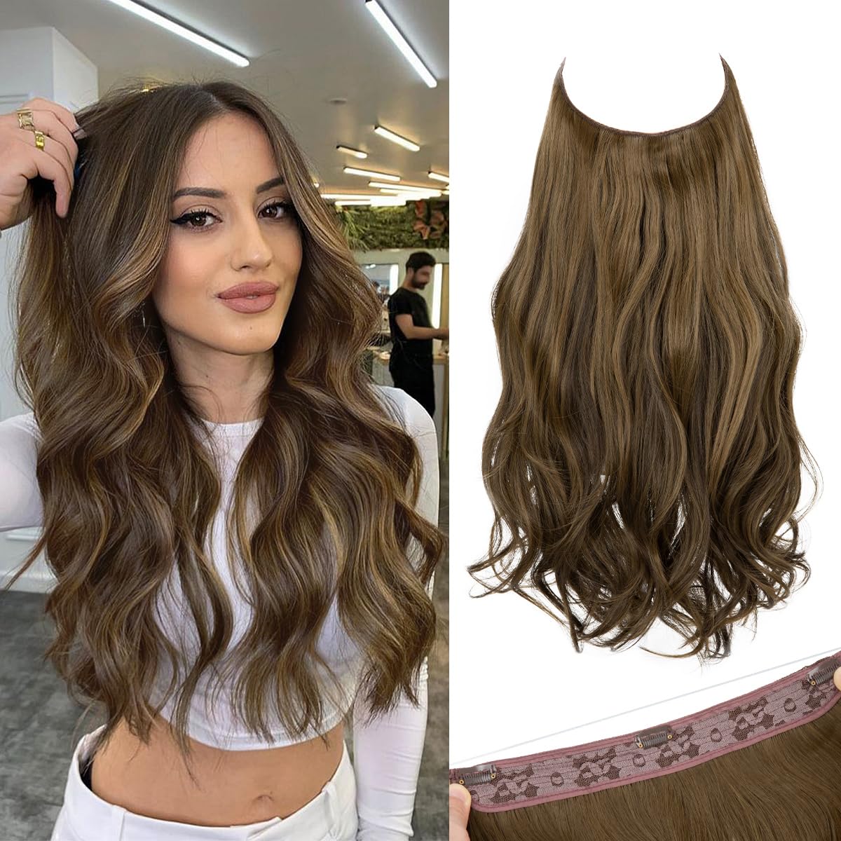 SARLA Invisible Wire Hair Extensions with 3 Clips Short 14 Inch Synthetic Wavy Curly Hairpiece for Women Adjustable Transparent Headband Coffee Brown