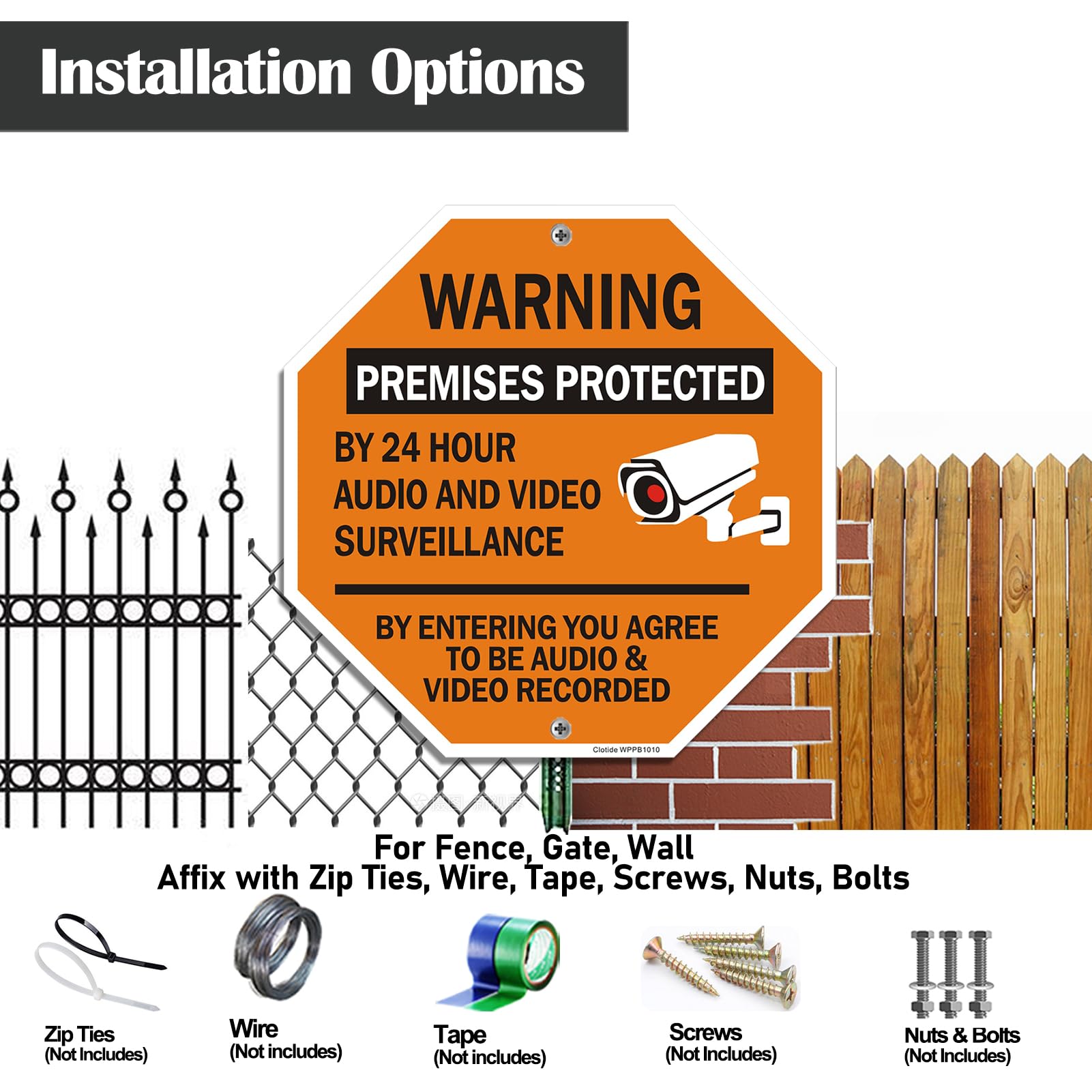 Letrero de advertencia protegido por 24 horas de audio y videovigilancia por entrar, acepta ser audio y video grabado, paquete de 2 letreros de aluminio de 12 x 12 pulgadas, resistente a los