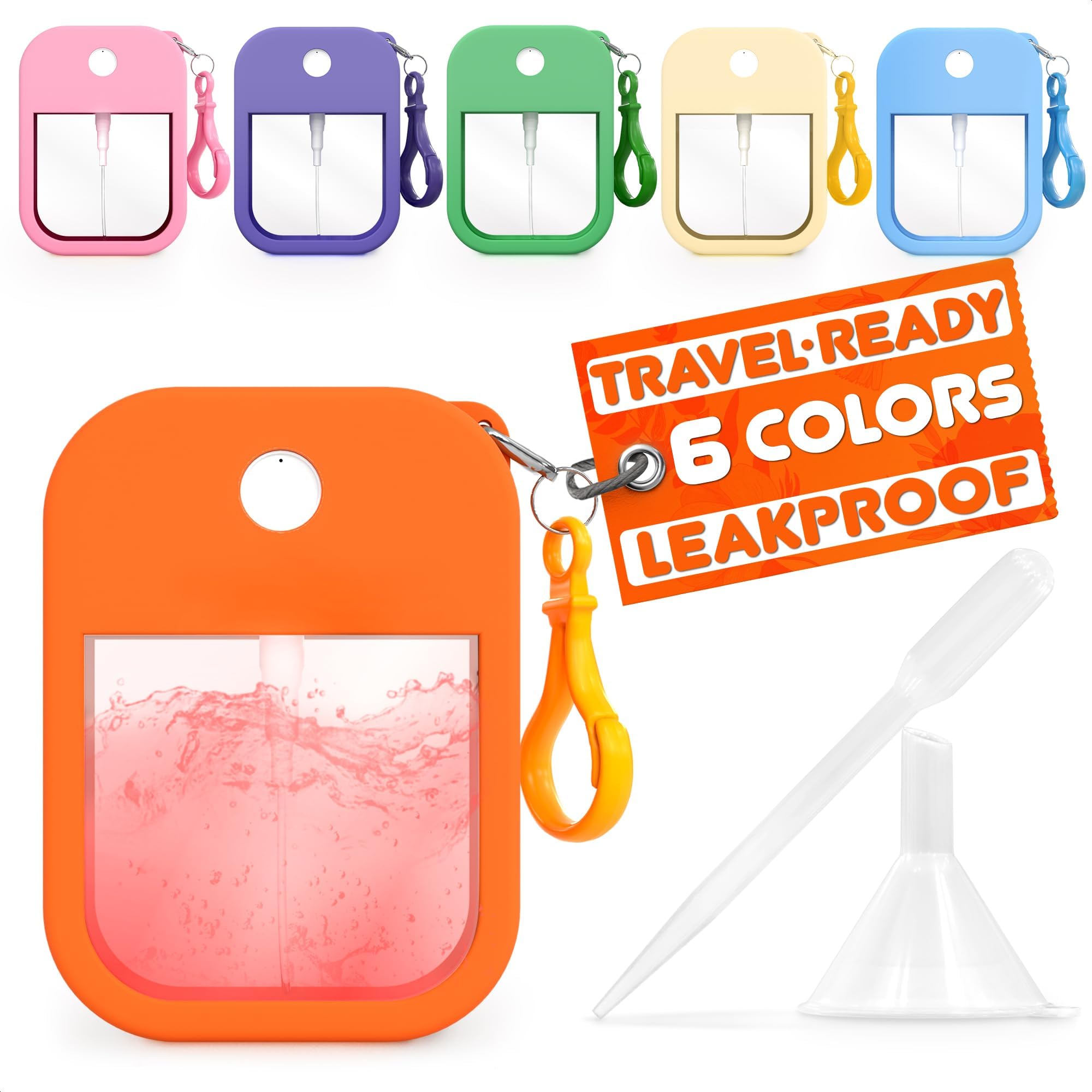 6Pcs Perfume Travel Refillable Card Spray Bottle 1.28oz - 3.5"x2.2" Travel Perfume Bottle Refillable with Colorful Silicone Case & Keychain, Leakproof, TSA-Compliant Pocket Cruise Essentials Atomizer
