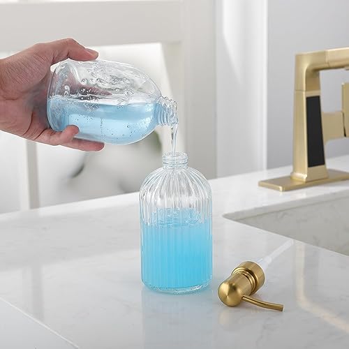 Miniatura 5 de Dispensador de jabón de cocina de vidrio recargable dorado, dispensador de jabón de baño de 16 onzas con tira vertical, cabezal de bomba de acero