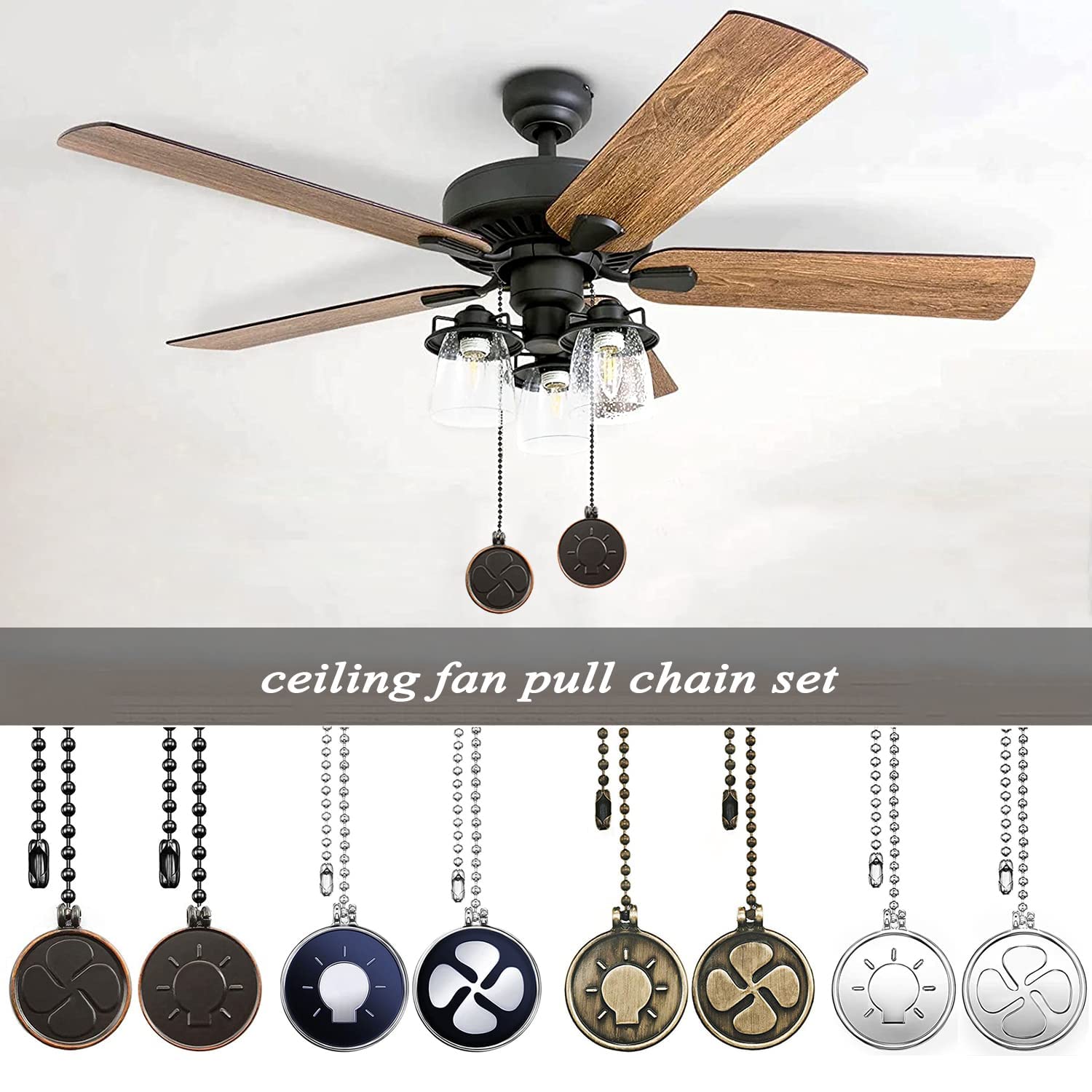 Ceiling Fan Pull Chains With Acrylic Pendant – 12" Adjustable, Bronze Beaded Ball, 2-Pack For Light & Fan Extension