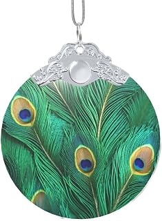 Green Peacock Feather Print Round Handmade Glass Pendant, Anniversary Gift and Creative Indoor Decoration for Holidays