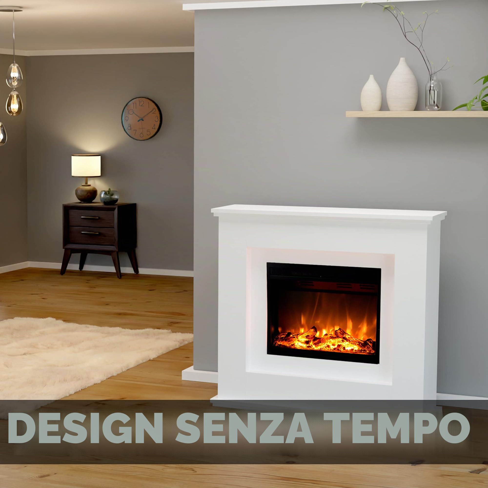 GLOW FIRE EUROPA Stufa Elettrica a Pavimento - Caminetto Elettrico con Riscaldamento, Fuoco LED in 3 Colori, Ventola, Decorazione in Legno, Telecomando, 111x101x33 cm, Bianco