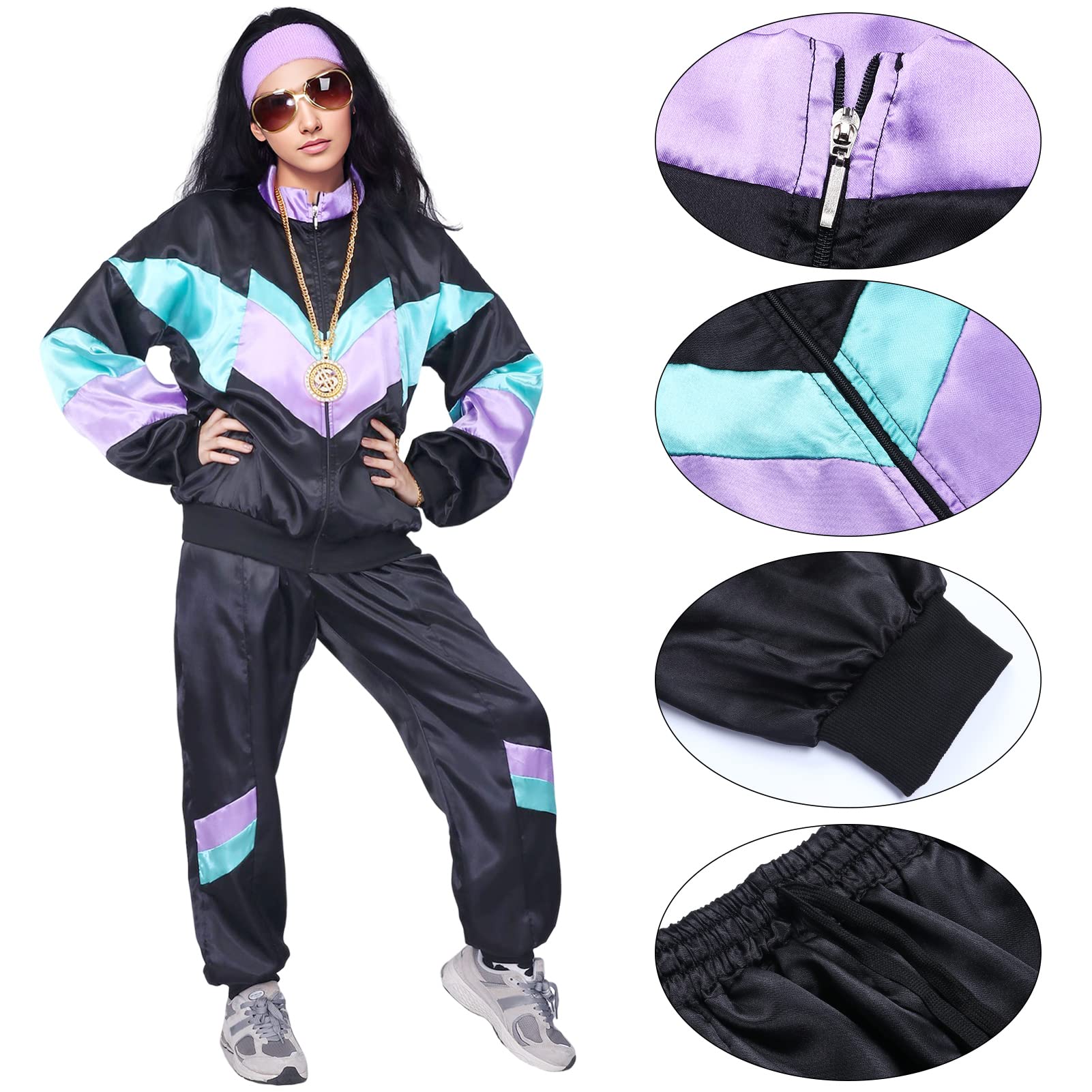 80er/90er Jahre Kostüm-Set Für Damen & Herren – Inkl. Trainingsanzug, Brille, Schmuck, Für Karneval & Retro-Party