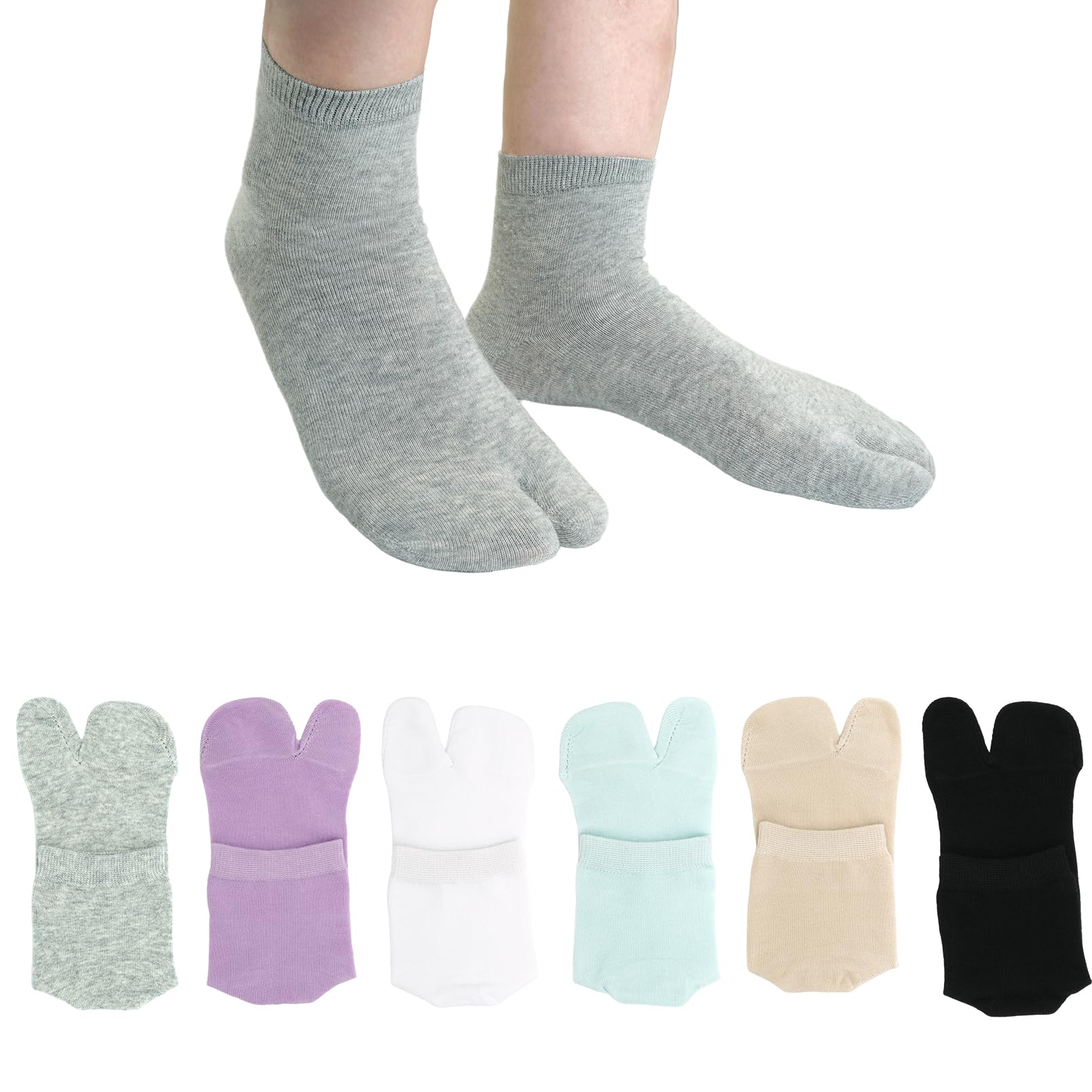 Tabi Socks Athletic Cotton Crew Length Quarter Ankle Two Toe for Women and Men, 6 Pk Black White Gray