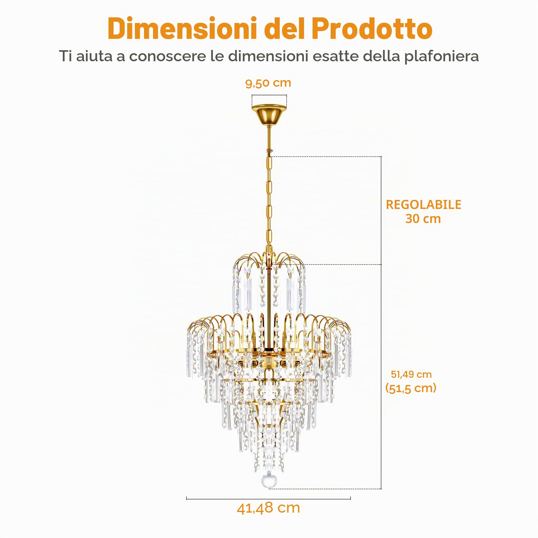 Ridgeyard - Lampadario in cristallo, 3 luci, catena regolabile, stile moderno a goccia di cristallo, K5, illuminazione LED da soffitto per camera, soggiorno, corridoio, 7 livelli, Oro