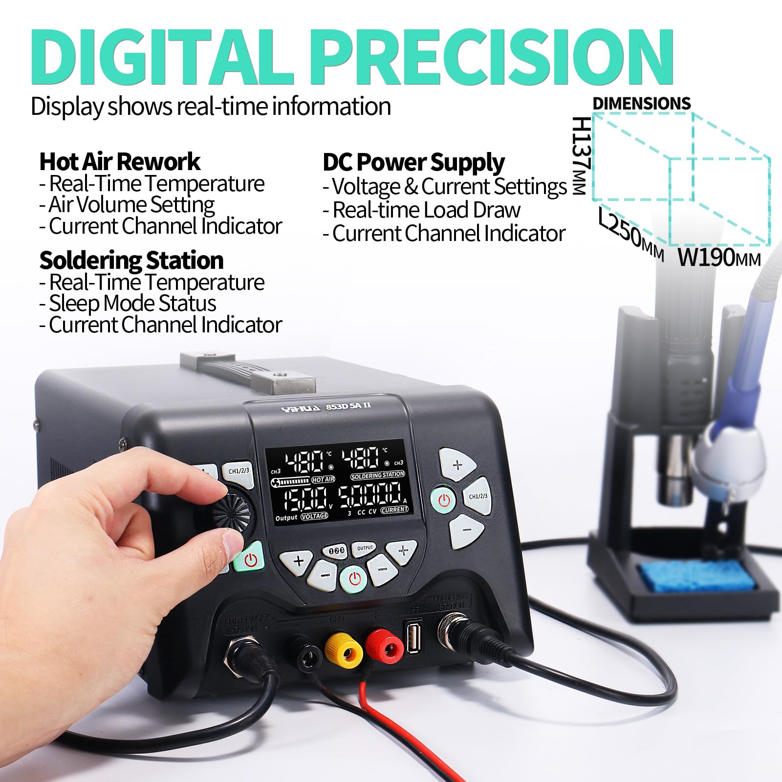 YIHUA 853D 5A-II Professionale Stazione Saldatore Saldante Aria Calda Alimentatore da Banco 3-IN-1 0-30.00V 0-5.0000A regolabile con 21 accessori(EU PLUG)