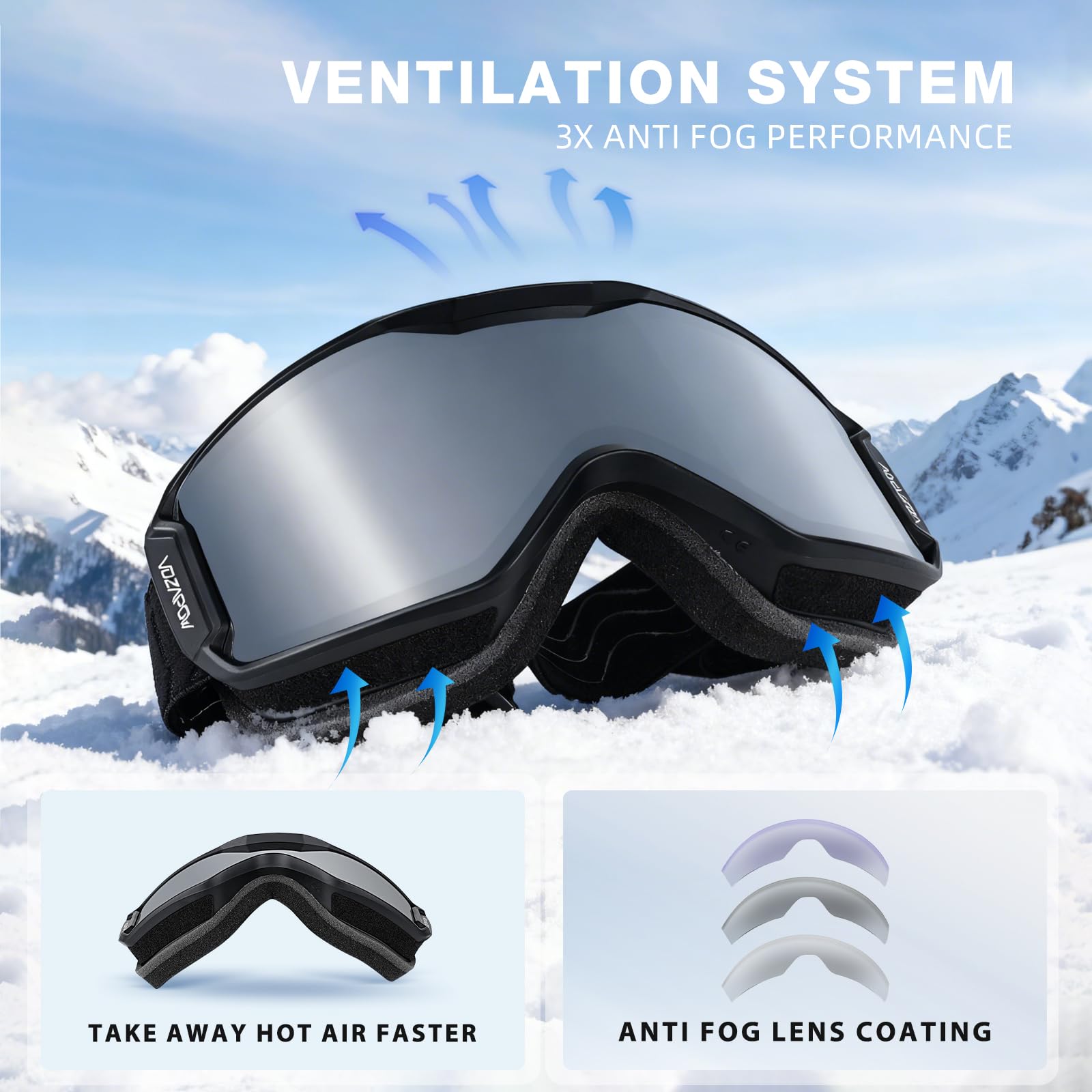 Occhiali da sci con lenti HD, protezione UV al 100%, occhiali da neve e snowboard, anti appannamento, per uomini, donne, giovani