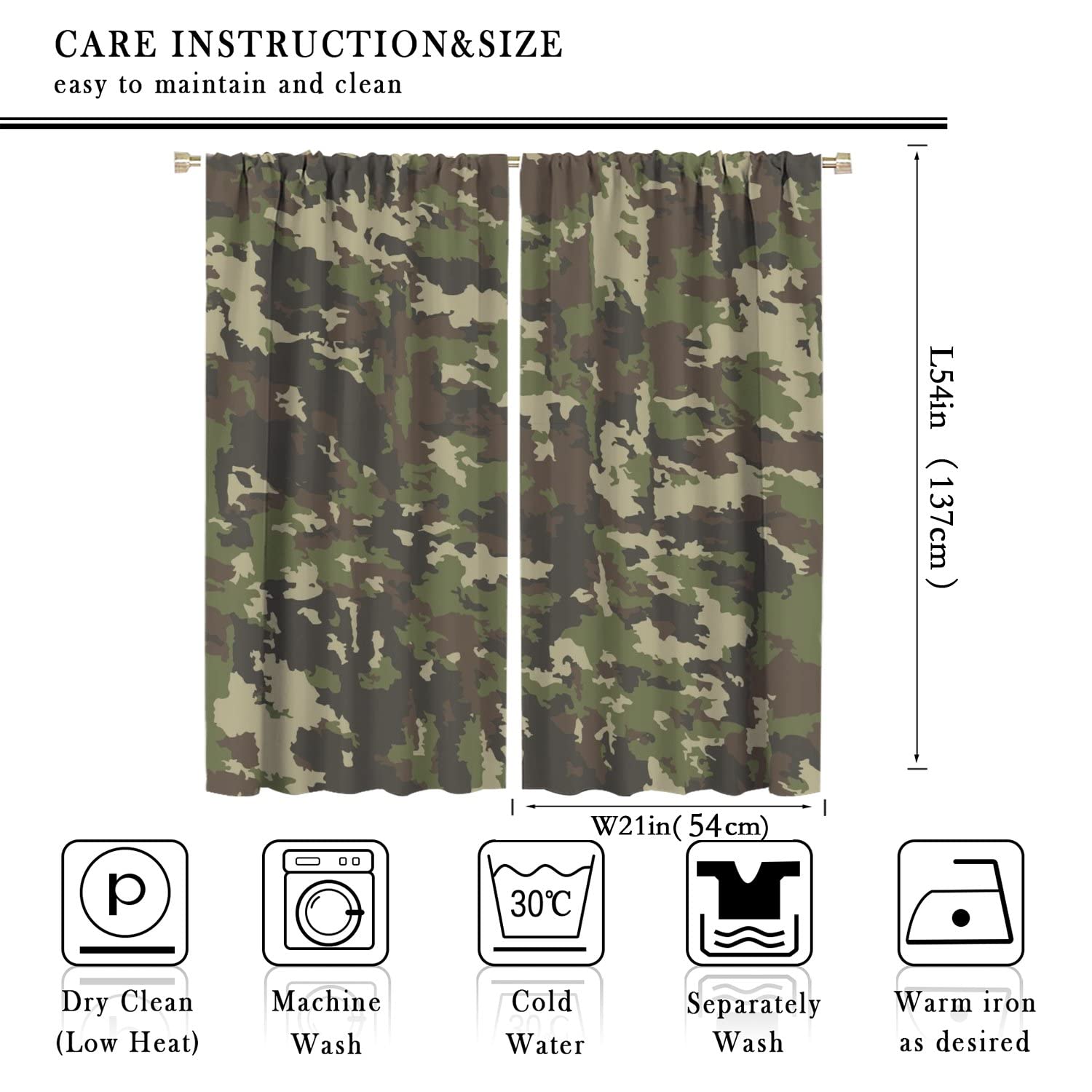 Camo Window Curtains for Boys Bedroom,Green Camouflage Woodland Camoflage Hunting Theme Blackout Drapes for Teens Youth Bedroom Living Room Decor W42xL54in