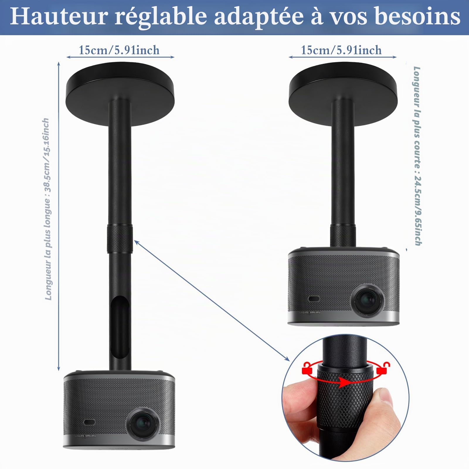 Support de Plafond Videoprojecteur, Support Vidéoprojecteur, Hauteur Réglable, Support de Projecteur Plafond, Rotation à 90° 360°, Support de Plafond Universel pour Vidéo-Projecteur Vis 1/4 de Pouce