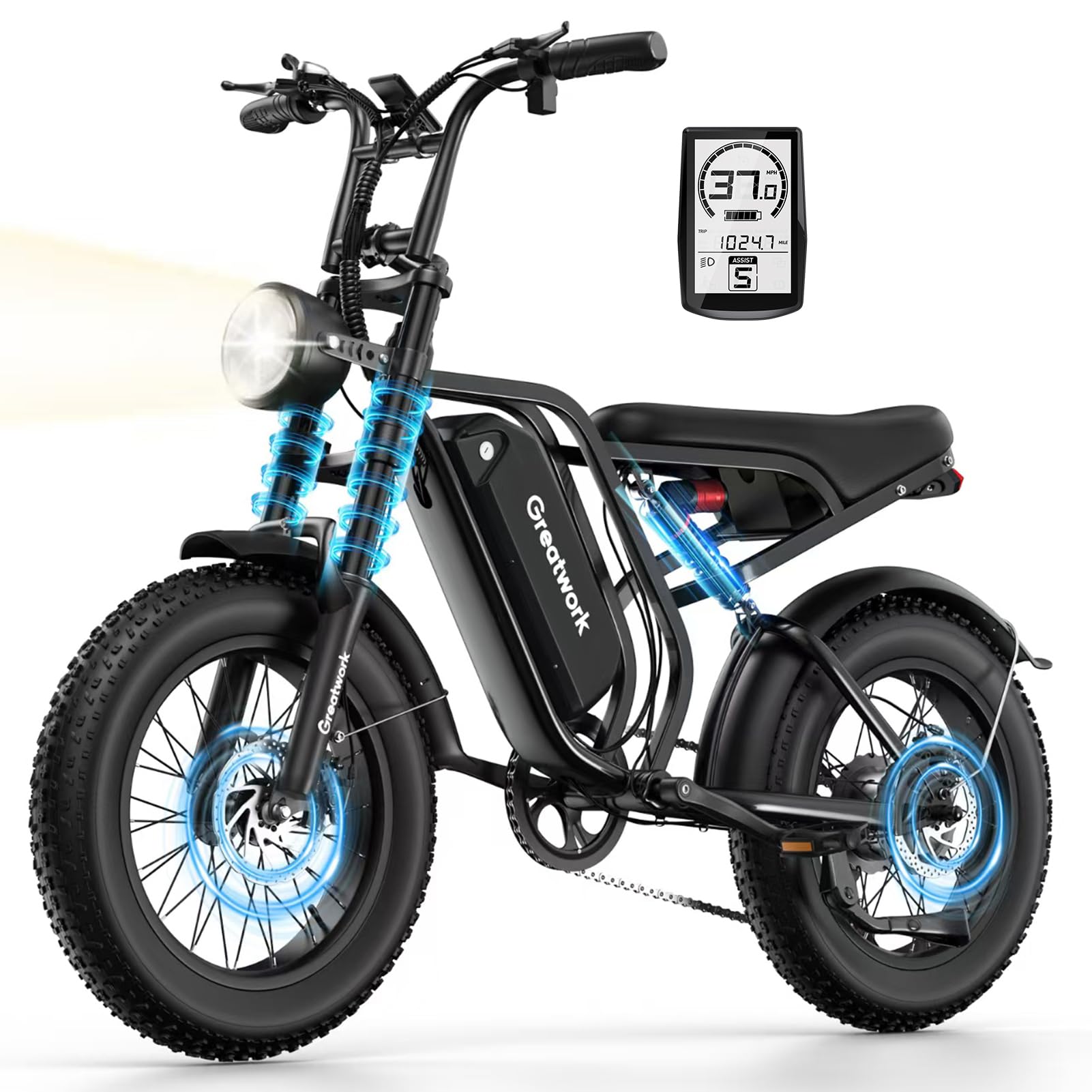 GREATWORK 2500W Peak Electric Bike for Adults, 1200Wh Removable Battery, Max 37MPH & 100 Miles Electric Dirt Bike with Full Suspension, 20"x4" Fat Tire Motorcycle Style Commuter Ebike for Men Women