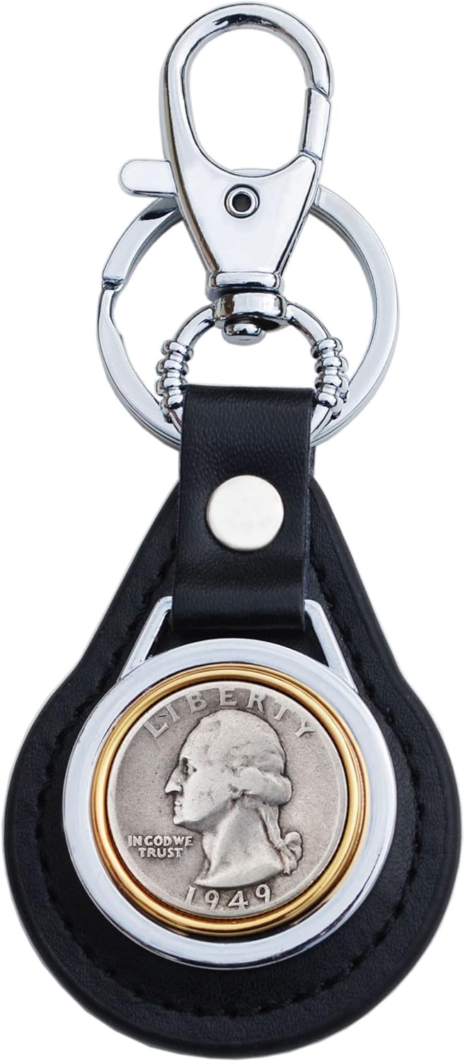 US 1949 Washington Quarter 90% Silver Coin Gold Silver Two Tone Leather Key Chain Ring NEW