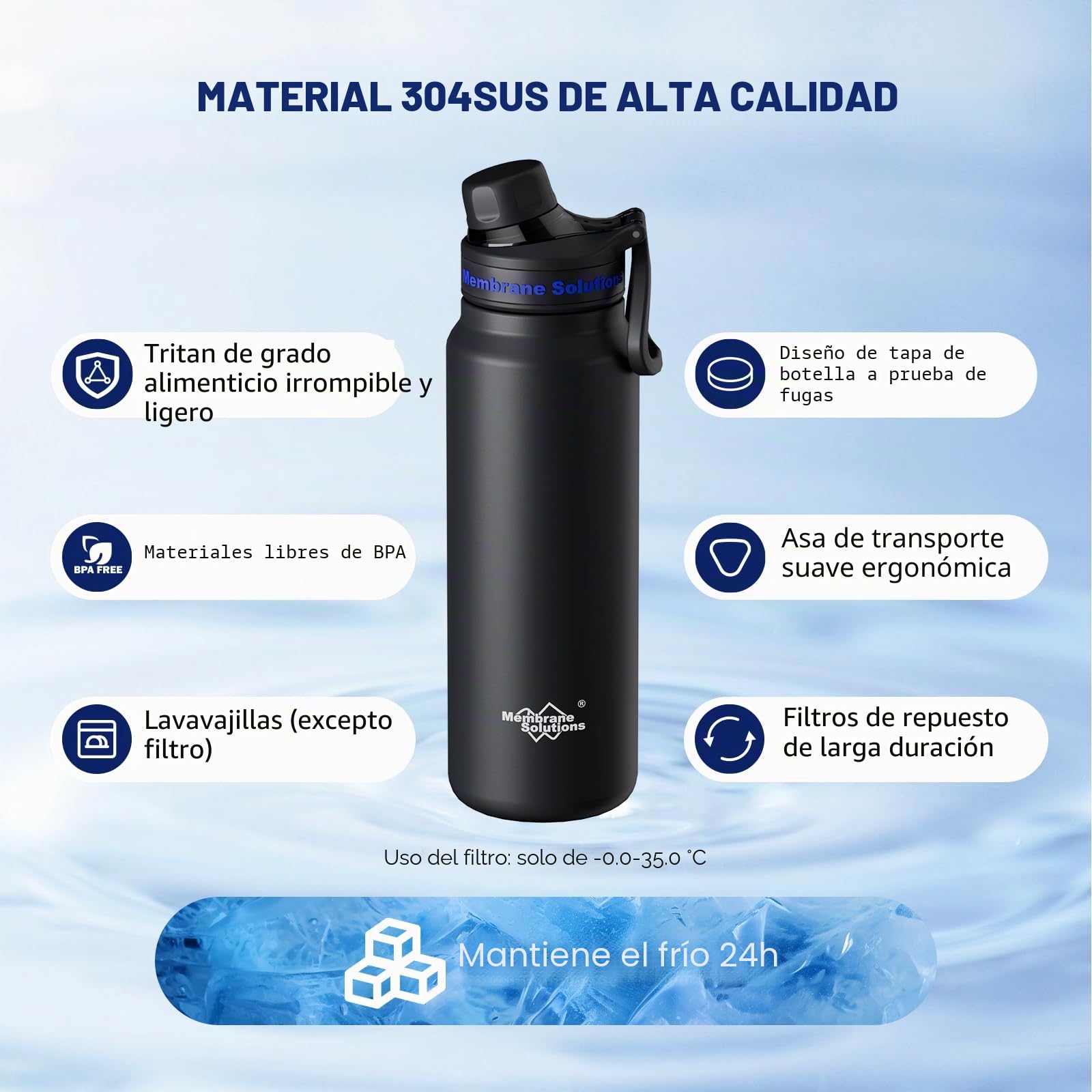 Membrane Solutions Botella de Filtro de Agua Supervivencia de Acero Inoxidable 900 ml (32 oz), Cartucho de Filtro ACF + UF, Elimina el 99,9999% de E.coli, Precisión de 0,1 μm, Emergencia, Negro