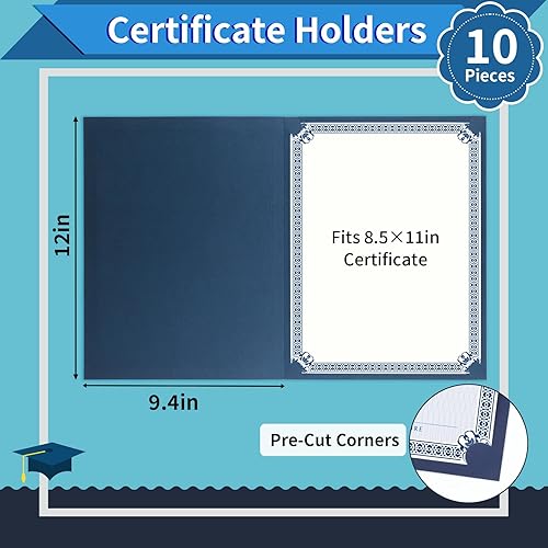 Miniatura 2 de Soportes para certificados, paquete de 10 soportes para diploma azul marino, cubiertas de certificado con borde de lámina dorada para papel de