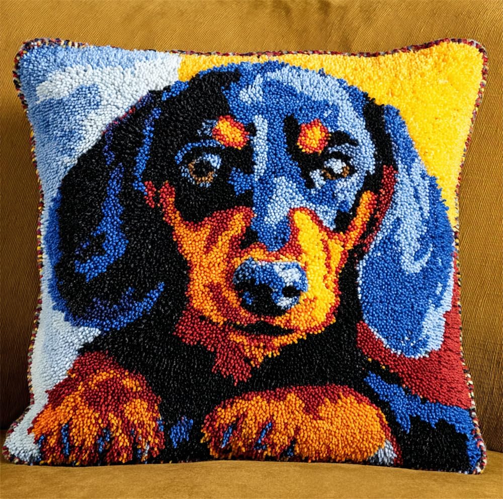 Taxpy Animal Latch Hook Cushion Kit, Dachshund Knitting Kits Cushion, 43X43Cm/17X17 Inch Rug Making Kit for Starters, Latch Hook Kits for Beginners Adults Or