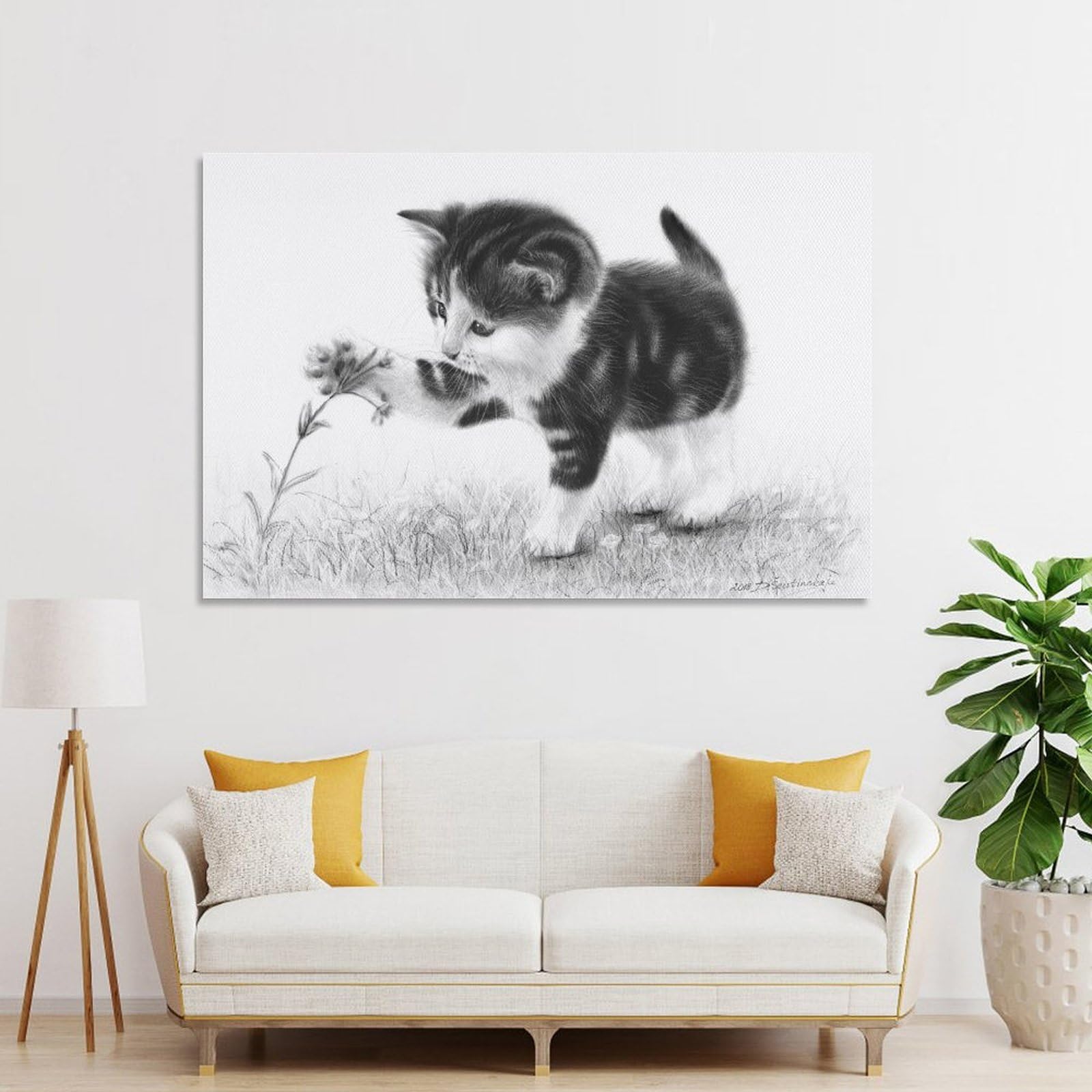 Junmoney Unframe-Style-22-2 Decorative Wall Artwork Curious Kitten, 24X36inch(60X90cm), For New Homes, Bedrooms Or Workspaces, Canvas Artwork With Gifting Potential