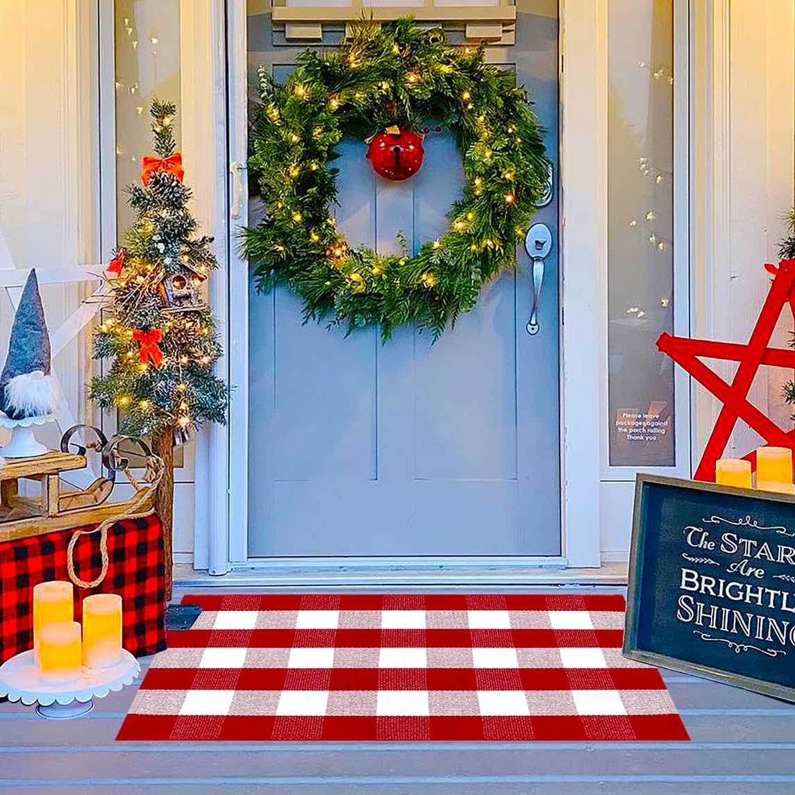 Ckorzen Red and White Plaid Rug, 28" x 43" Christmas Front Porch Outdoor Rug, Handwoven Cotton Washable Rug for Layered Door Mats, Holiday Entryway and Home Décor 2'4" x 3'7" Red & White