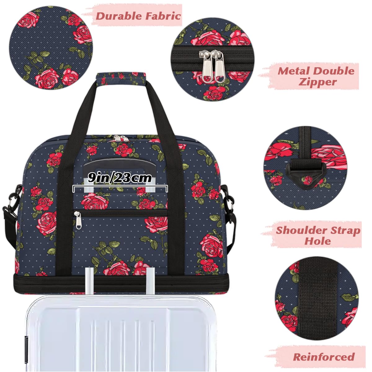 Bolsa de viaje plegable con diseño de lunares de rosas de 47 litros, bolsa de fin de semana con funda de carrito, bolsa de hombro separada para deportes, gimnasio, viajes, multicolor, 47L, Bolsa de