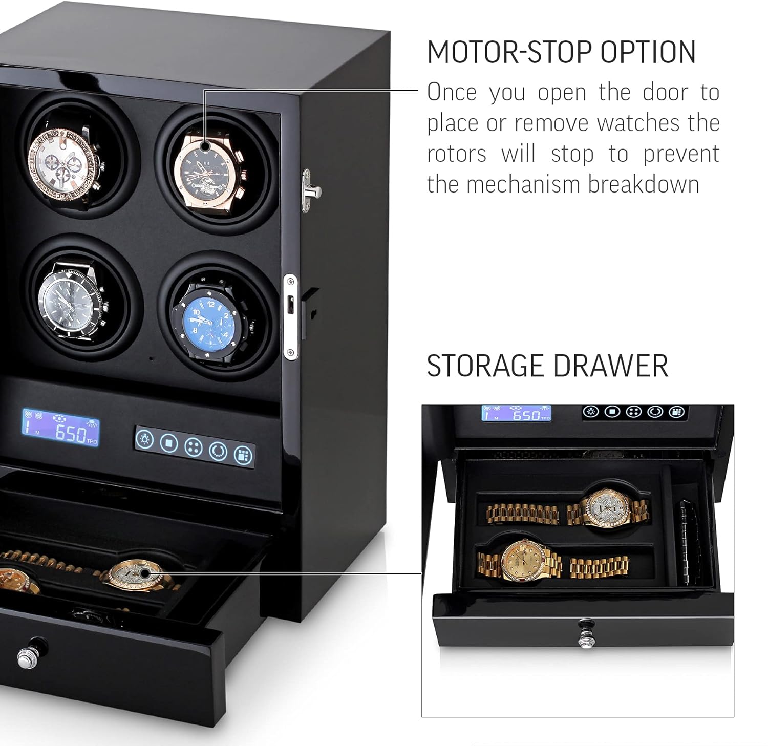 Automatic Watch Winder with LED Light, Storage Drawer and LCD Touchscreen Control