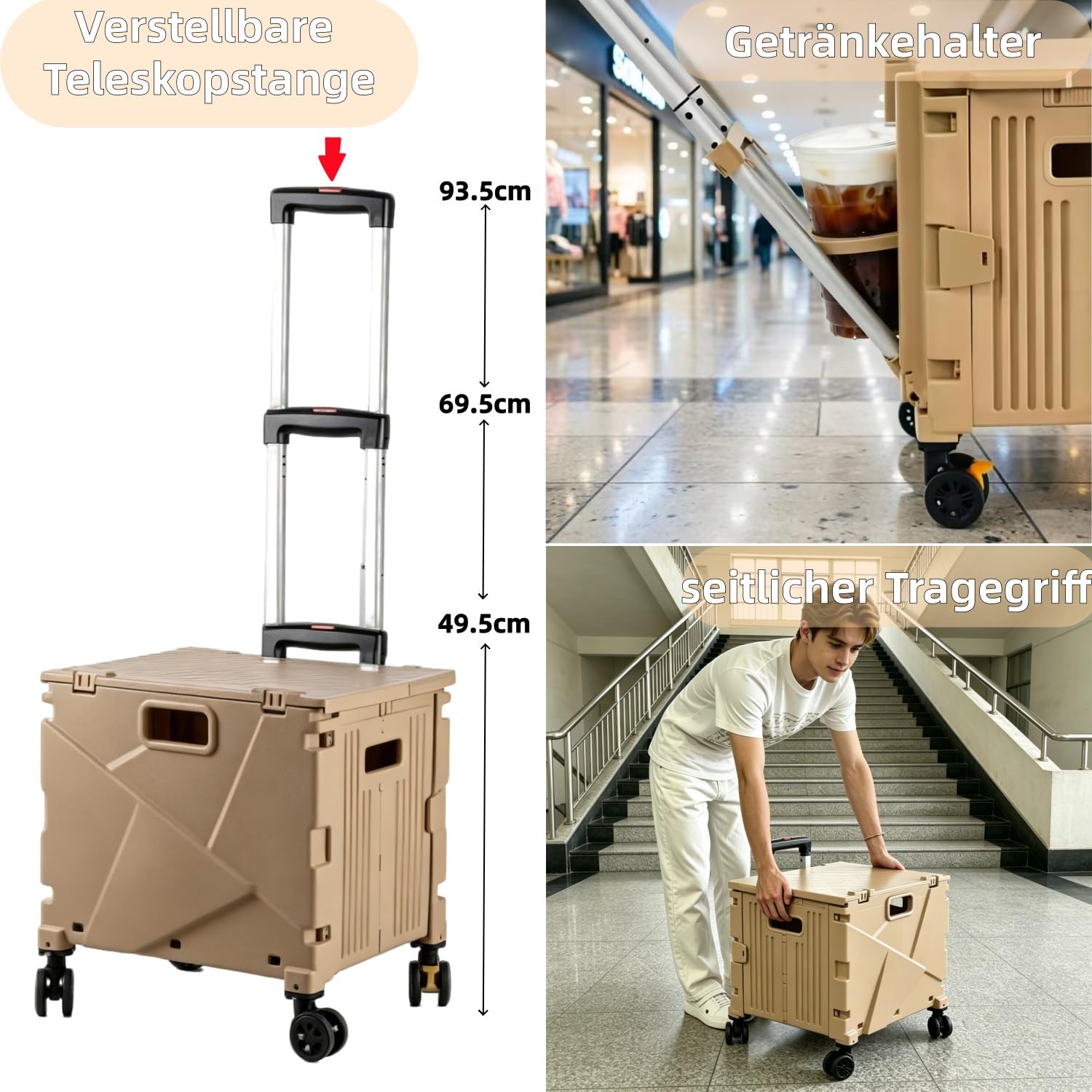 Einkaufstrolley, Klapptrolley mit Rollen & Teleskopgriff, bis 80 kg, 63 L Kiste,Faltbare Einkaufshilfe, Rolltrolley,Einkaufskorb mit Deckel, Braun,für den Wocheneinkauf, zum Camping
