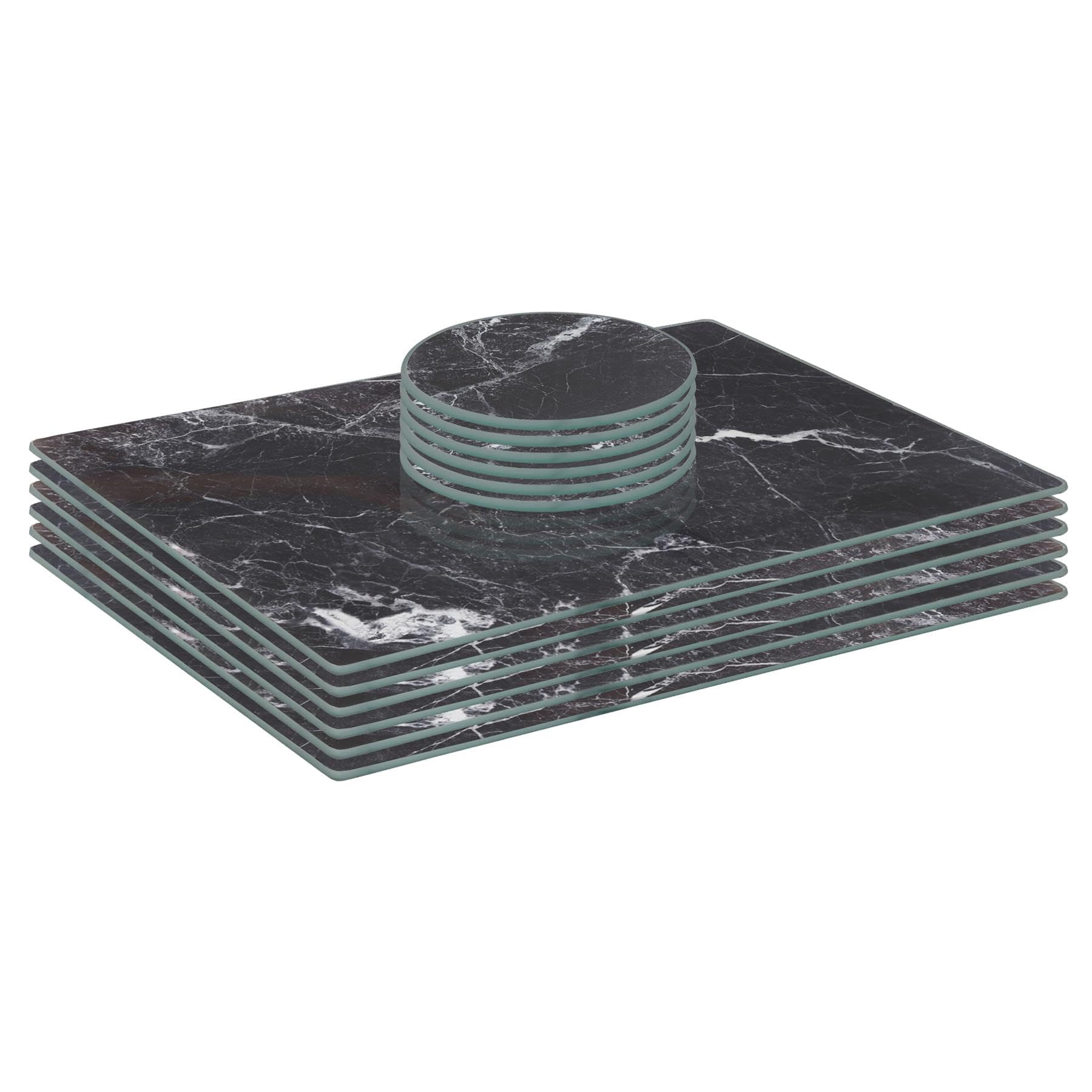 Harbour Housewares 12Pc Glass Placemats & Round Coasters Set30 X 20Cm Black Marble Dining Table Protection Place Mats Coasters from B&Q