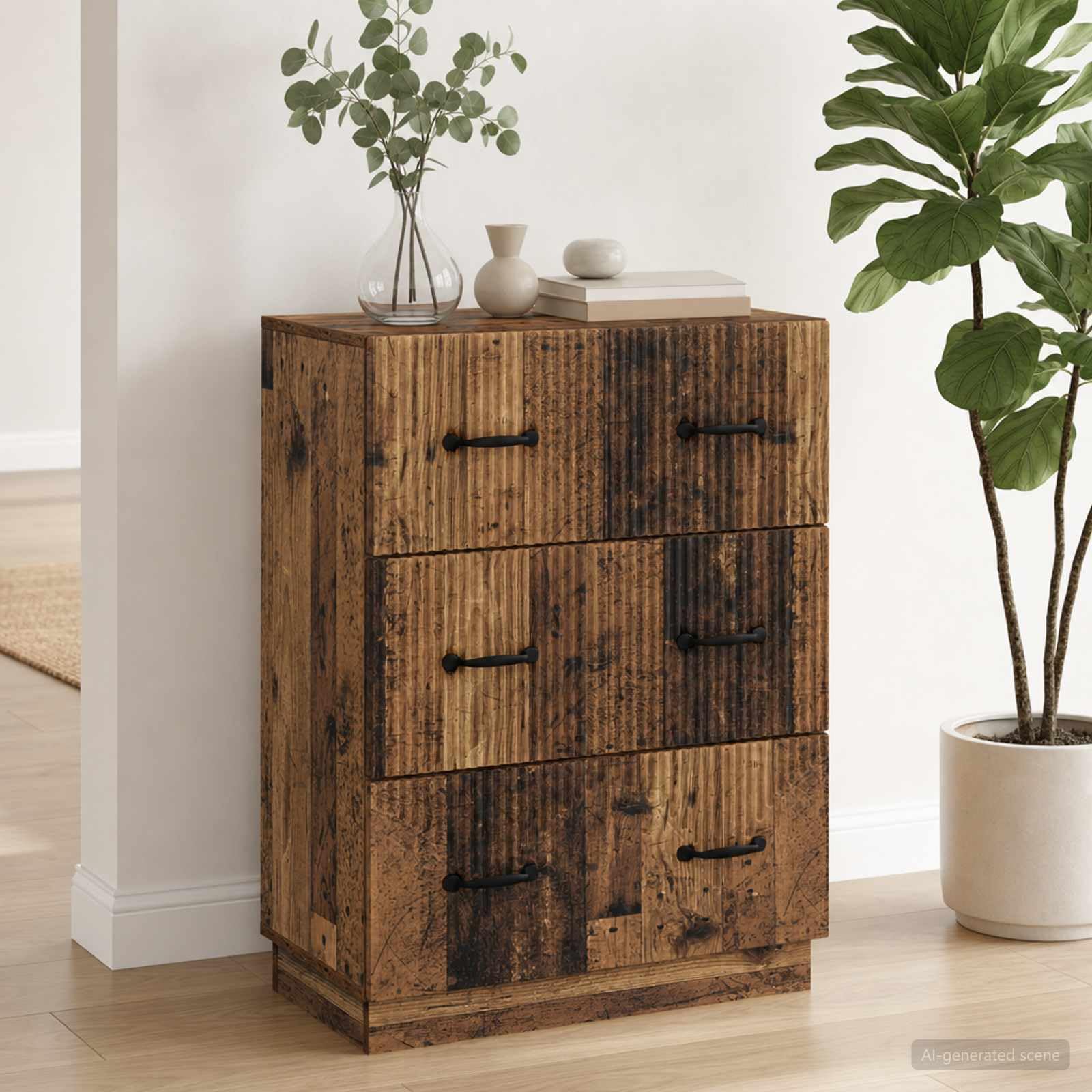 Szafa z szufladami, stare drewno, materiał drewnopochodny, 66 x 34,5 x 87 cm, z 3 szufladami, zamykana, do biura, domu, korytarza, garażu, magazynu, organizacji i bezpieczeństwa