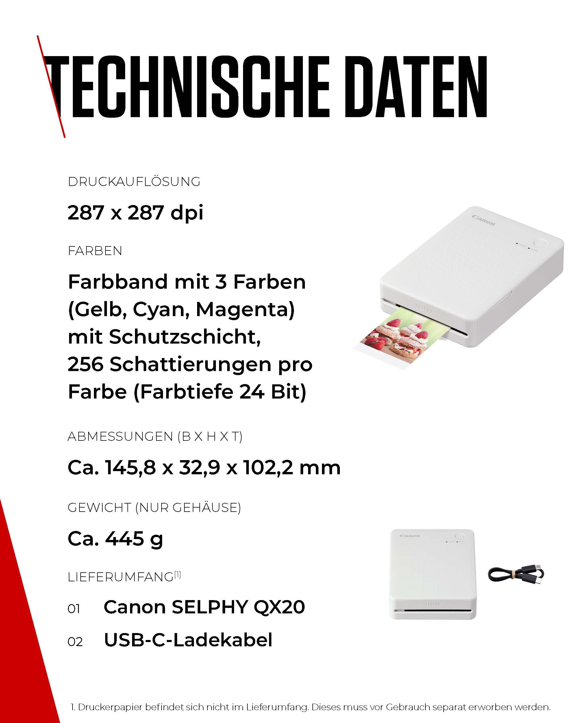 Canon SELPHY QX20 mobiler Fotodrucker WLAN Thermosublimationsdruck USB-C Weiß