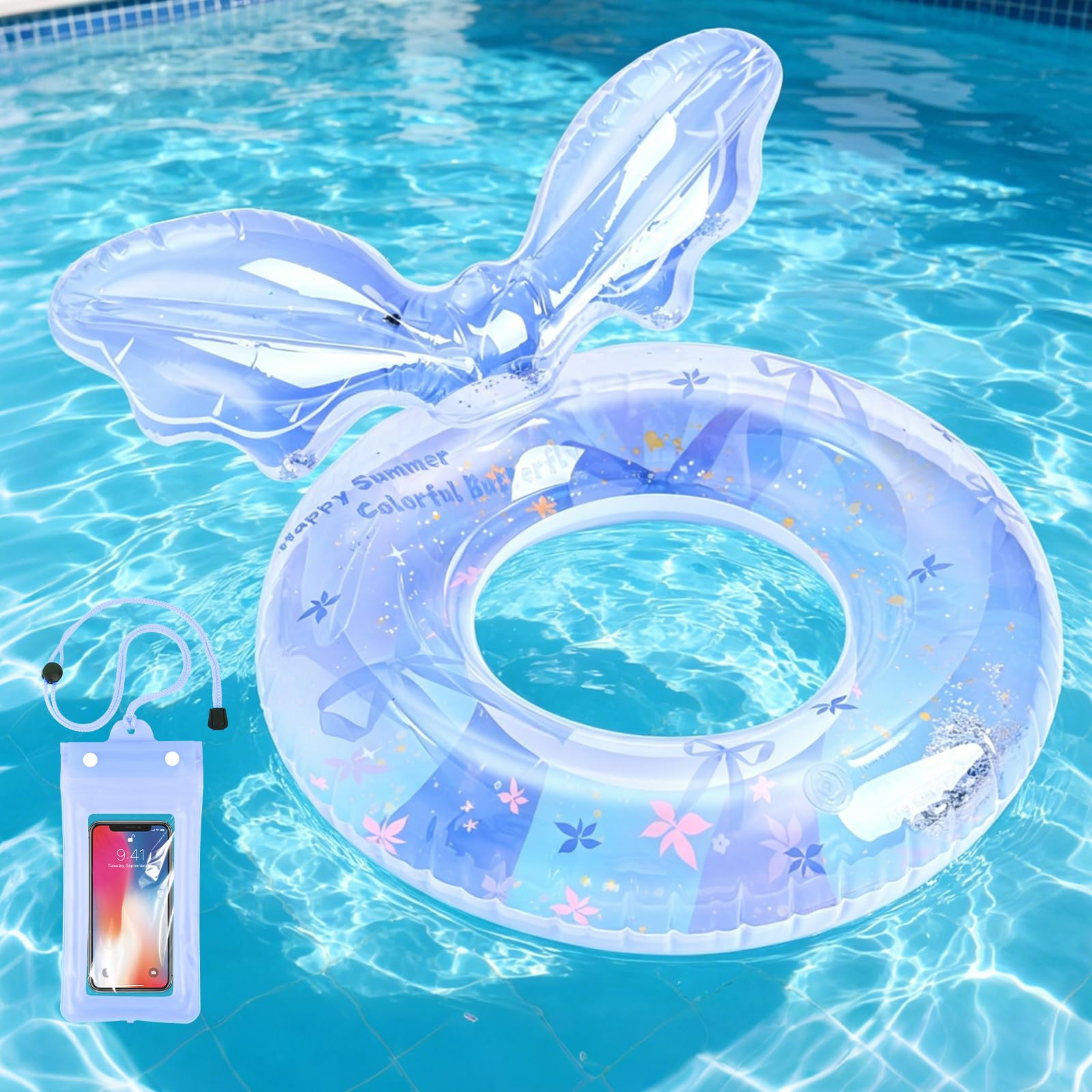 Swimming Ring with Waterproof Phone Pouch for Adults, Durable Inflatable Pool Float, Mermaid Swim Rings Blow Up Pool Tube for Summer Beach Swimming Pool Water Sports Party (Blue)