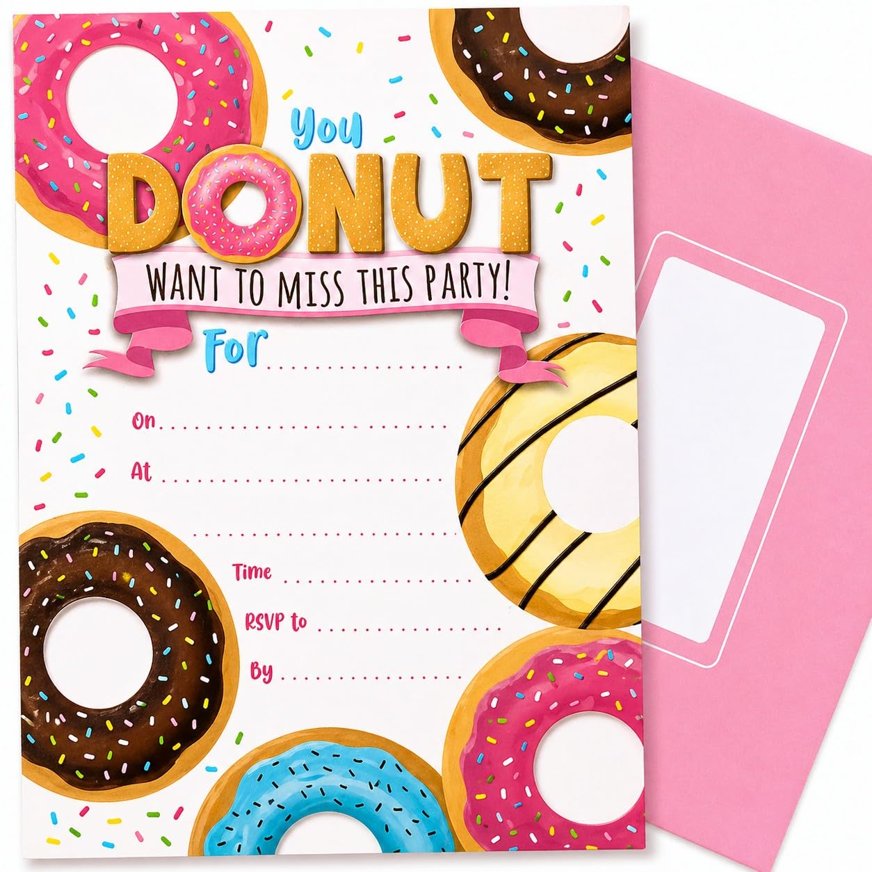 YLAB - 20/40 Donut Party Invitations with Pink Envelopes โ Fun & Colourful Fill-In Invites for Birthday, Baby Shower, Engagement & More โ 19 x 13.5 cm (40)