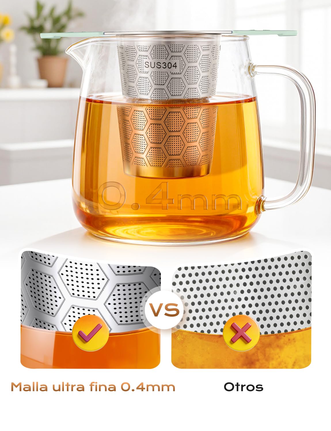 Yomanta Infusor de Te 2 Piezas - infusionador de Acero Inoxidable 304, filtro te con asa y tapa de silicona, Malla fina de 0,4 mm, colador te para tazas y teteras - verde