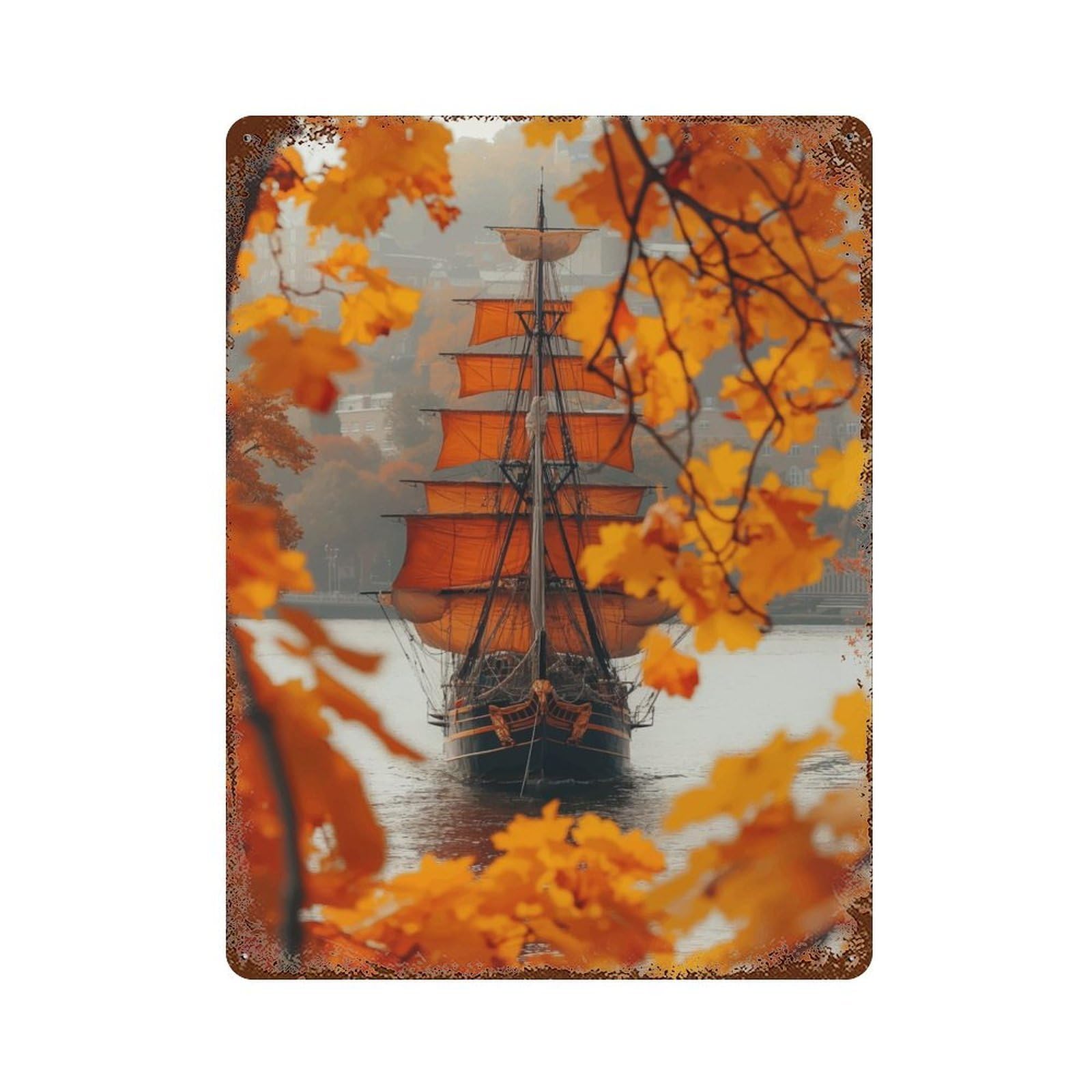 Orange Pirate Ship Rusty Metal Tin Sign 15.7"x11.8", Industrial Home Decor for Garage, Pub Or Kitchen