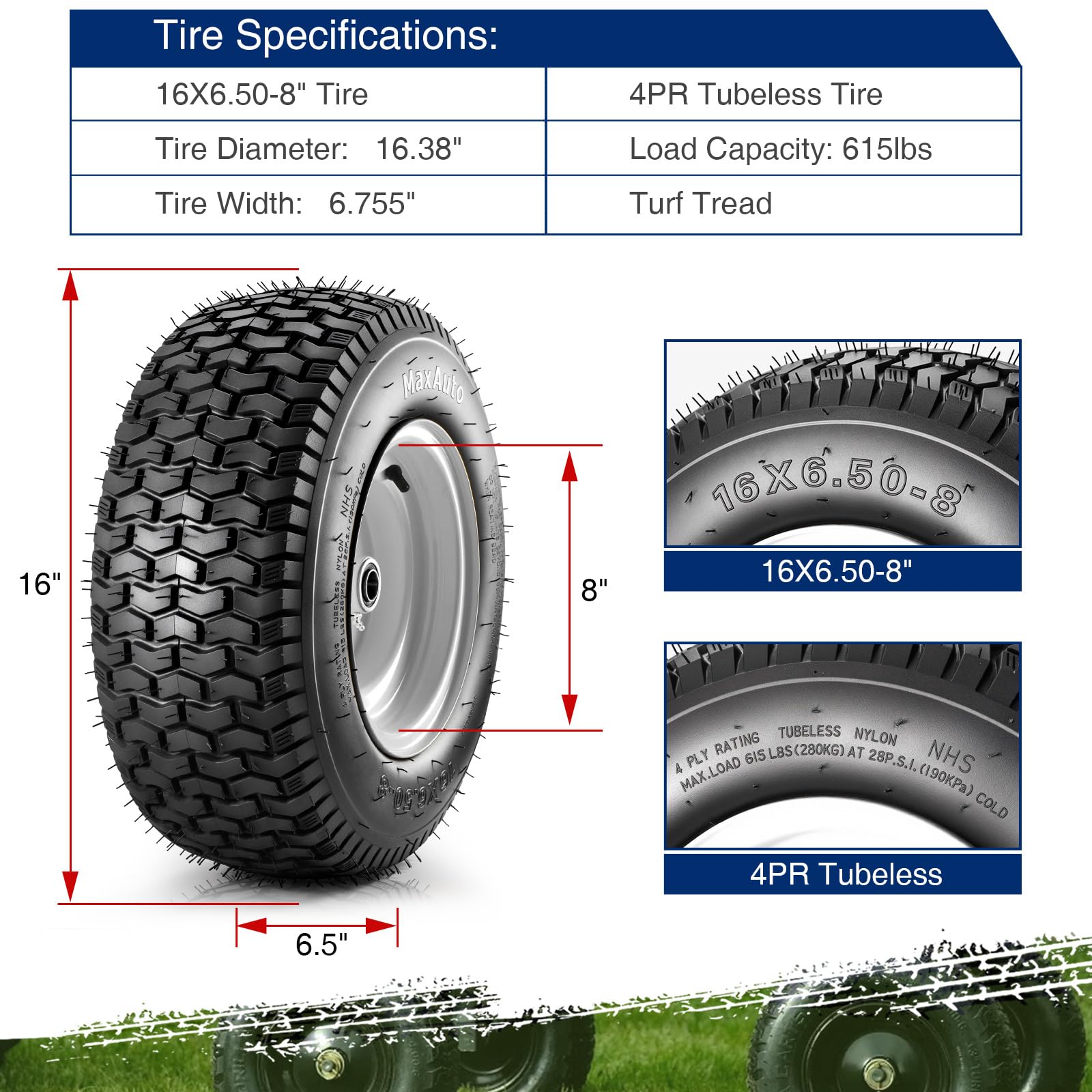 Snapklik.com : MaxAuto 16x6.50-8 Lawn Mower Tires